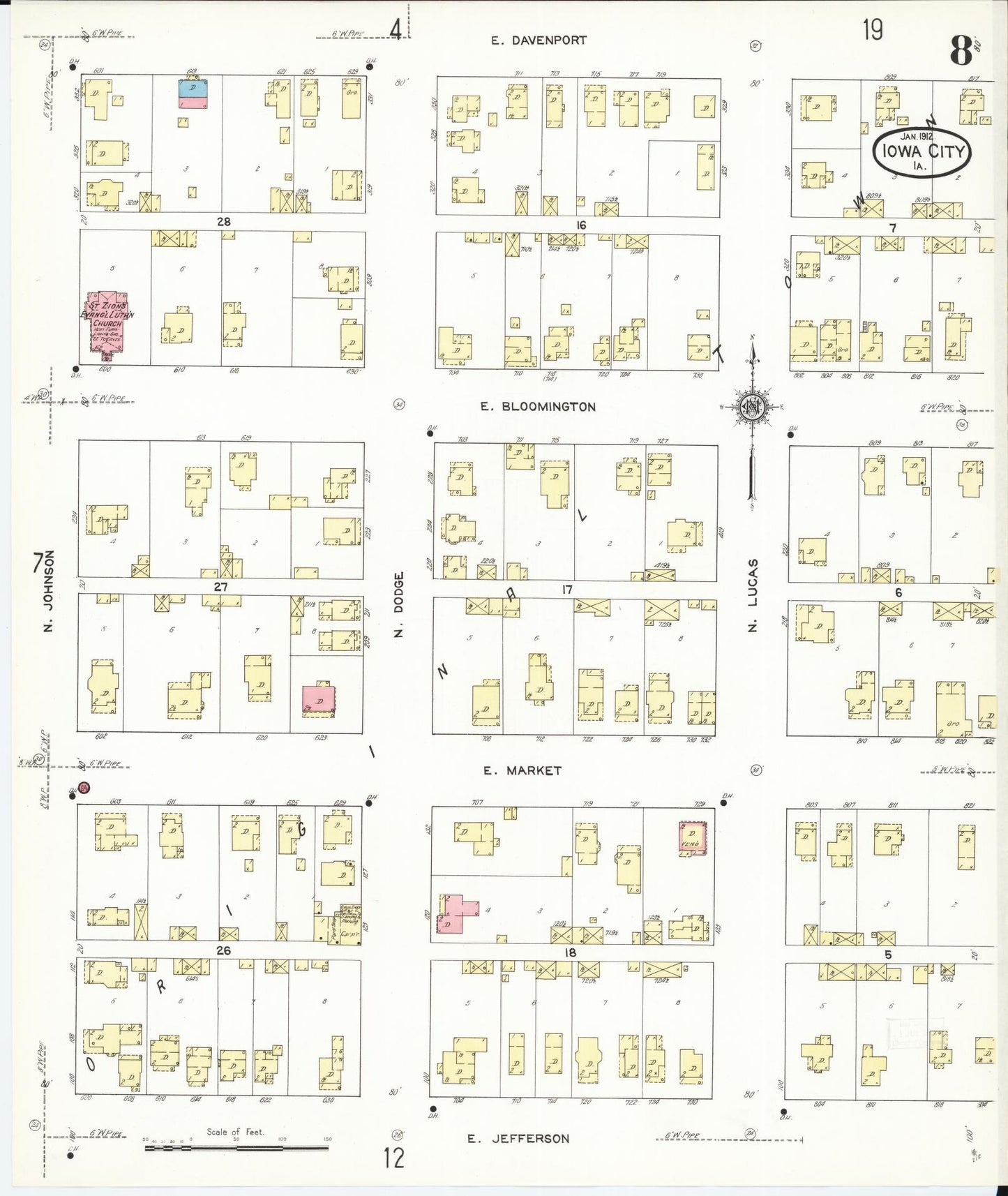 Sanborn Fire Insurance Map from Iowa City, Johnson County, Iowa (1912), Sheet #0008 - Historic Sanborn Fire Insurance Map Print, vintage old map wall art