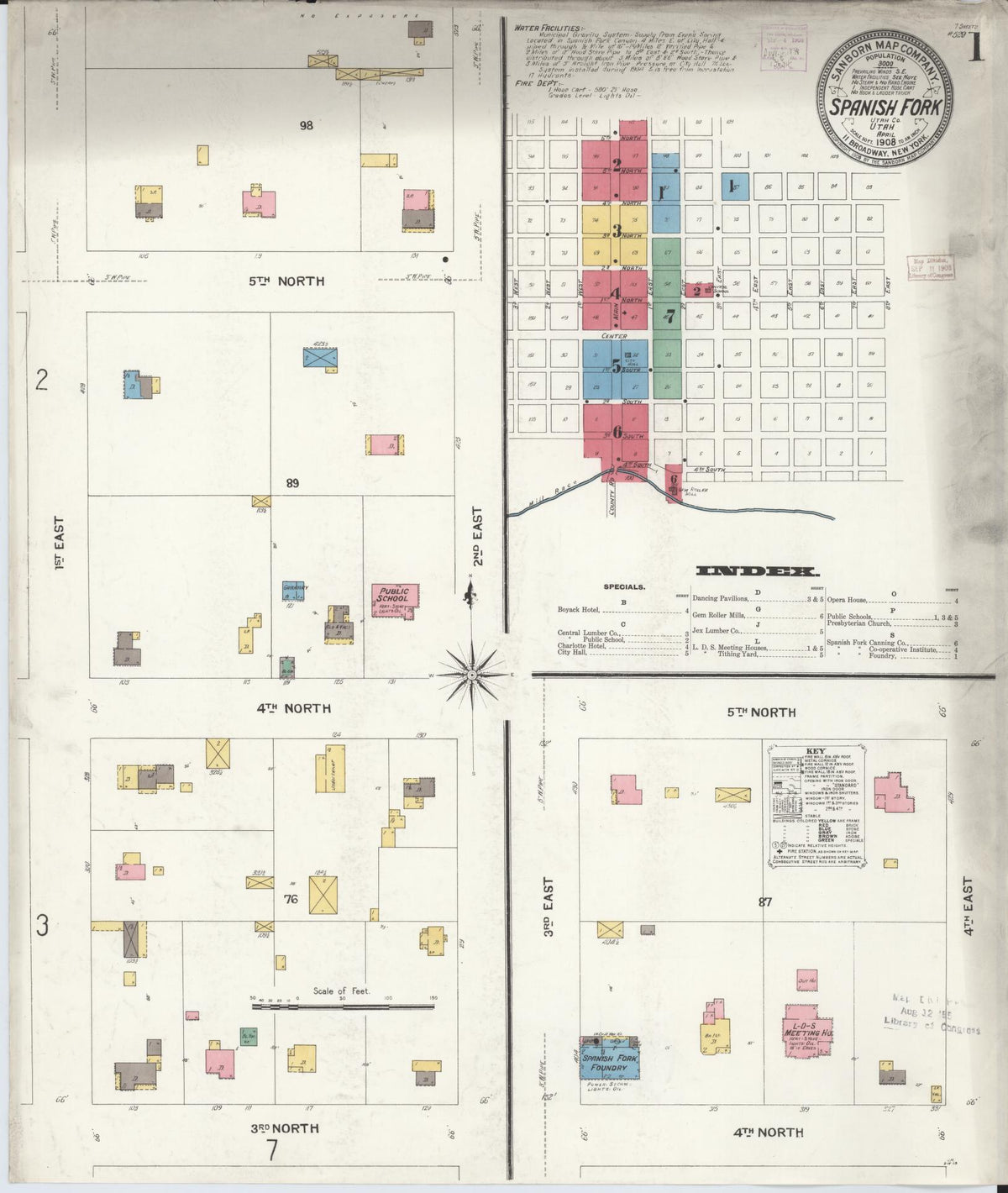 Sanborn Fire Insurance Map from Spanish Fork, Utah County, Utah (1908), Sheet #0001 - Historic Sanborn Fire Insurance Map Print, vintage old map wall art, antique decor, genealogy gift, Spanish Fork Utah map