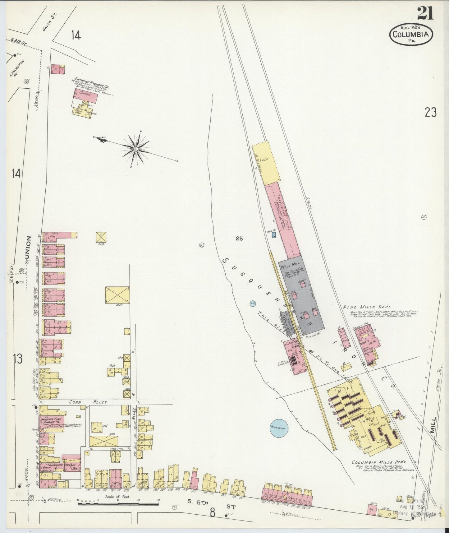 Sanborn Fire Insurance Map from Columbia, Lancaster County, Pennsylvania (1909), Sheet #0021 - Historic Sanborn Fire Insurance Map Print, vintage old map wall art, antique decor, genealogy gift, Pennsylvania Pennsylvania map
