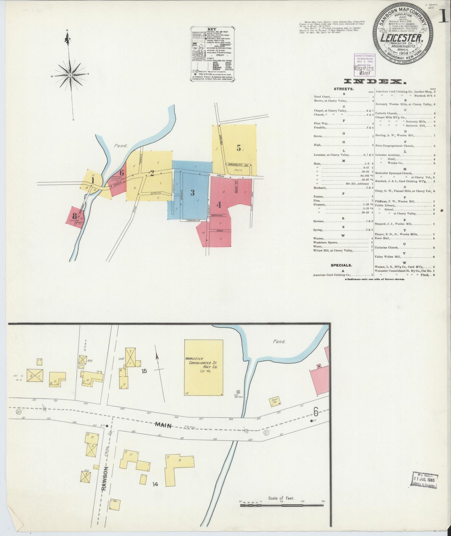 Sanborn Fire Insurance Map from Leicester, Worcester County, Massachusetts (1904), Sheet #0001 - Historic Sanborn Fire Insurance Map Print, vintage old map wall art, antique decor, genealogy gift, Massachusetts Massachusetts map
