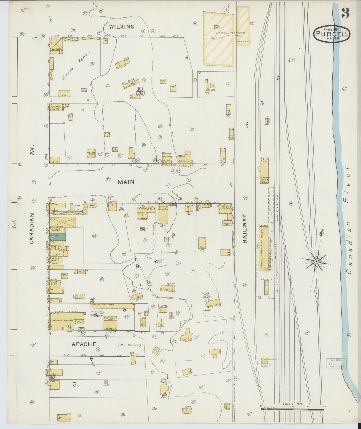 Sanborn Fire Insurance Map from Purcell, McClain County, Oklahoma (1894), Sheet #0003 - Complete Map Set gallery image, historic Sanborn map, vintage wall art, Oklahoma Oklahoma