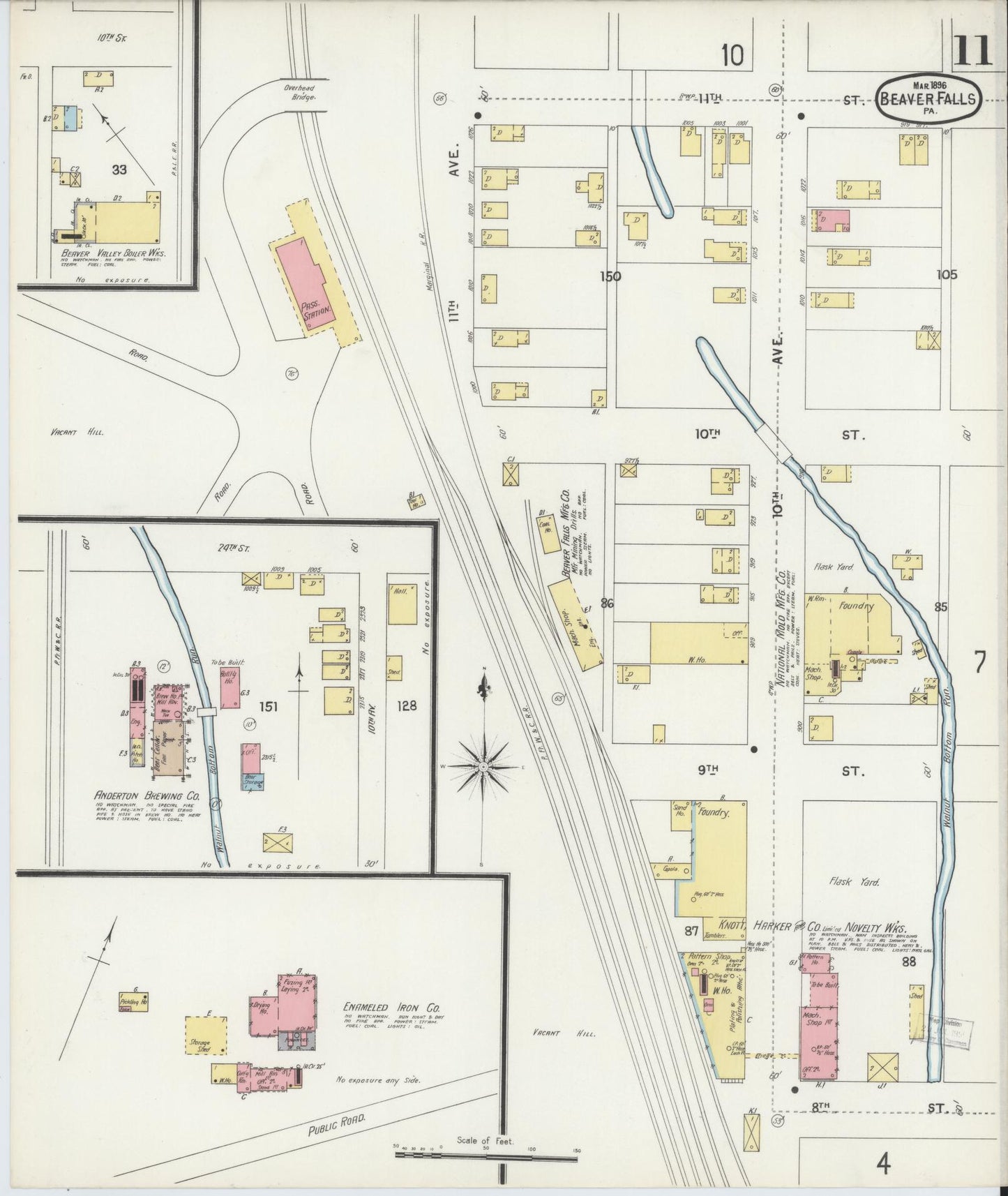 Sanborn Fire Insurance Map from Beaver Falls, Beaver County, Pennsylvania (1896), Sheet #0011 - Historic Sanborn Fire Insurance Map Print, vintage old map wall art, antique decor, genealogy gift, Pennsylvania Pennsylvania map