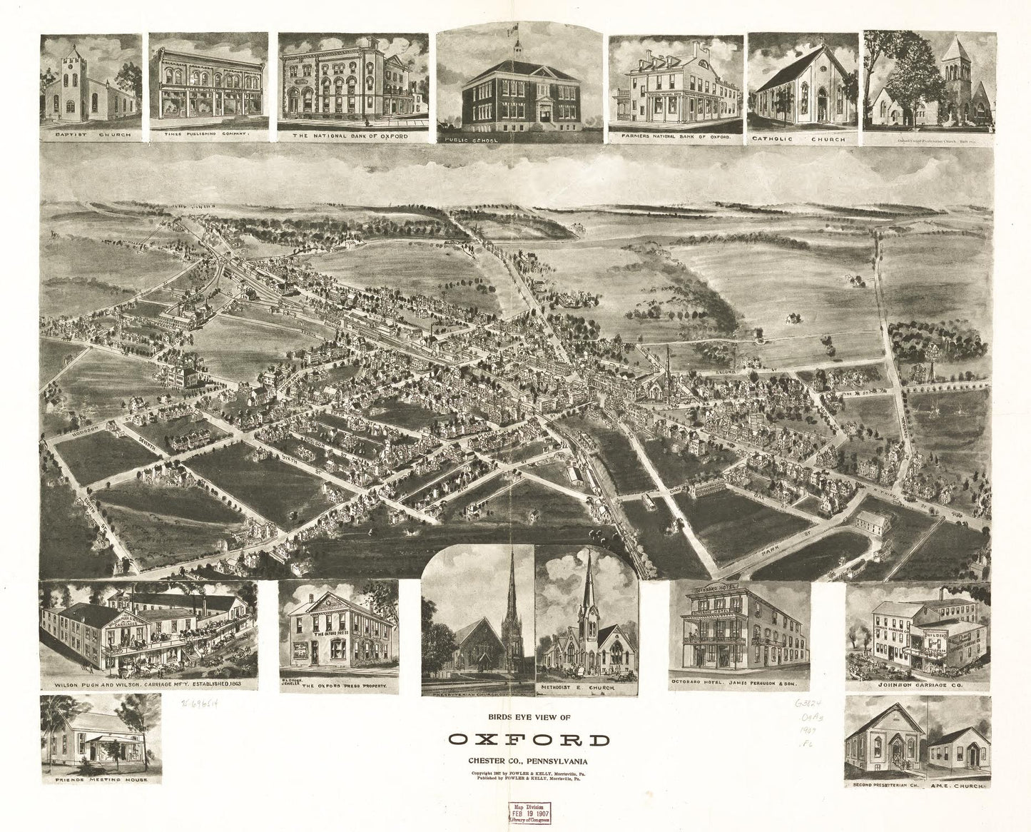 Birds eye view of Oxford, Chester Co., Pennsylvania. (1907) – Historic Bird’s-Eye View Panorama Print