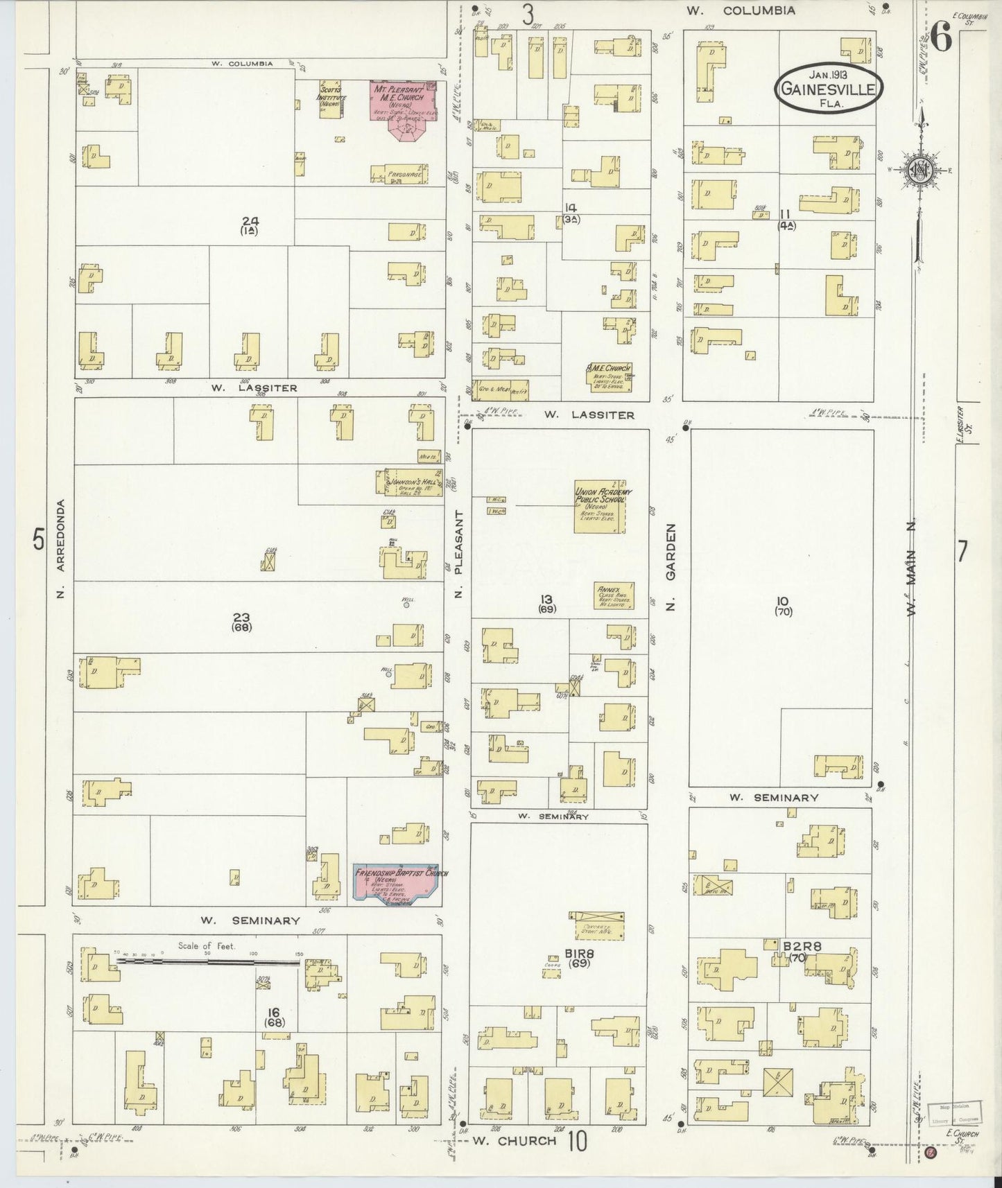 Sanborn Fire Insurance Map from Gainesville, Alachua County, Florida (1913), Sheet #0006 - Historic Sanborn Fire Insurance Map Print, vintage old map wall art, antique decor, genealogy gift, Florida Florida map