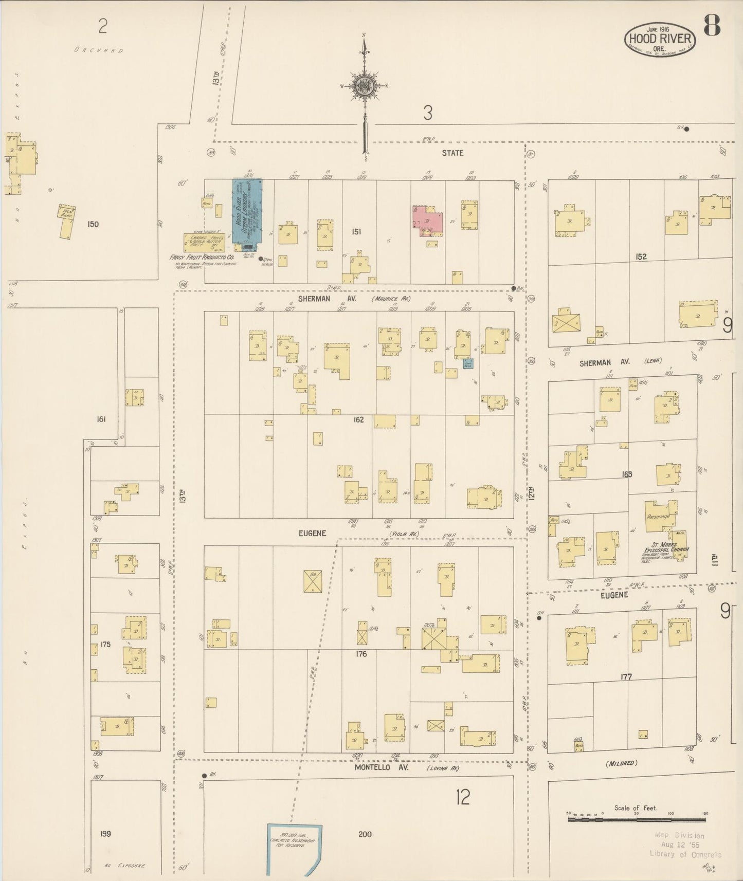 Sanborn Fire Insurance Map from Hood River, Hood River County, Oregon (1916), Sheet #0008 - Historic Sanborn Fire Insurance Map Print, vintage old map wall art, antique decor, genealogy gift, Oregon Oregon map