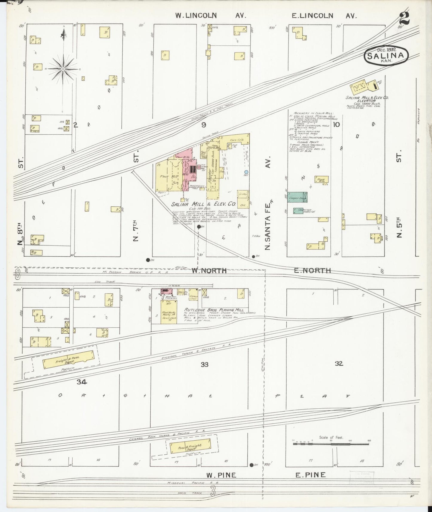 Sanborn Fire Insurance Map from Salina, Saline County, Kansas (1892), Sheet #0002 - Historic Sanborn Fire Insurance Map Print, vintage old map wall art, antique decor, genealogy gift, Kansas Kansas map
