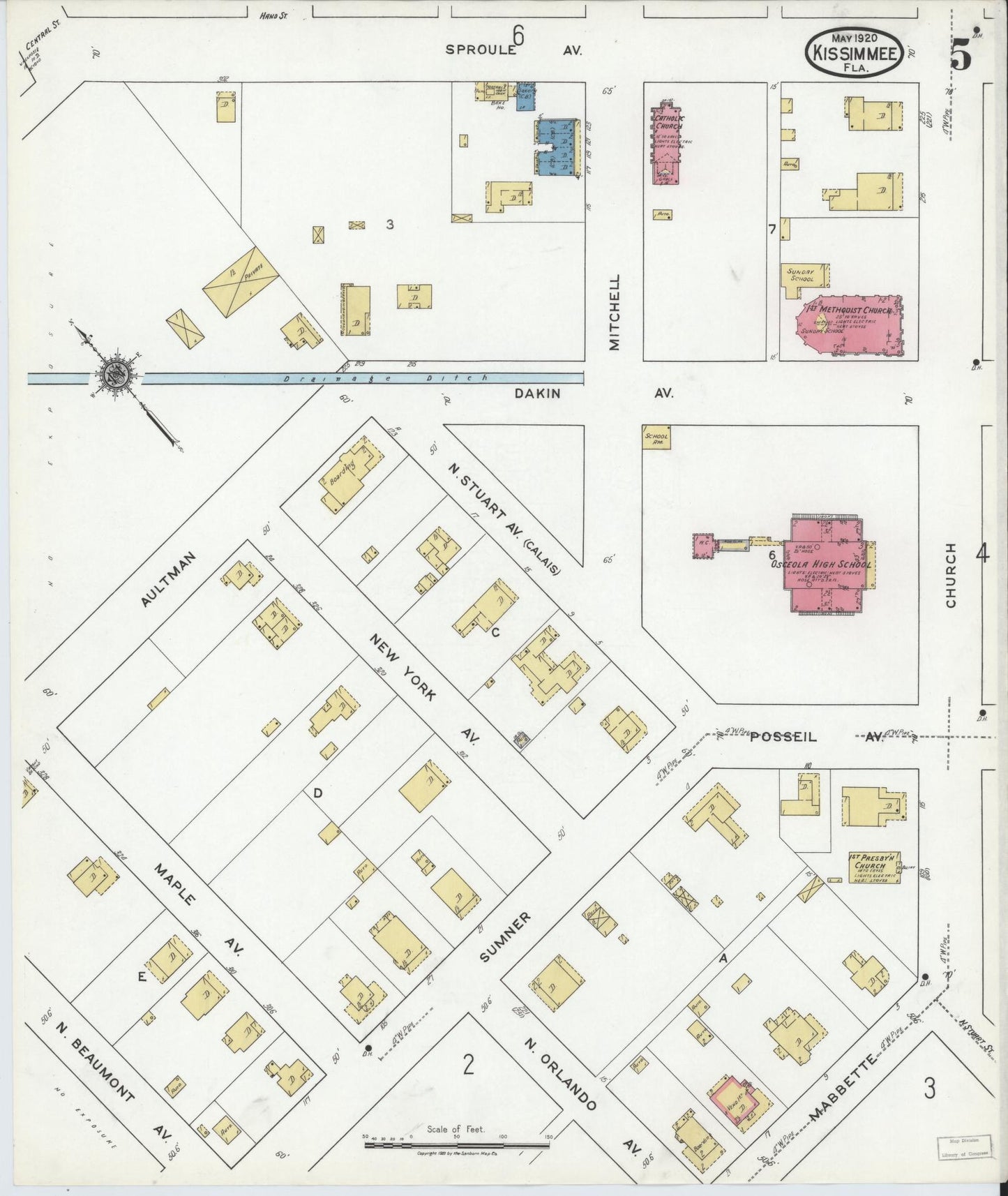 Sanborn Fire Insurance Map from Kissimmee, Osceola County, Florida (1920), Sheet #0005 - Historic Sanborn Fire Insurance Map Print, vintage old map wall art, antique decor, genealogy gift, Florida Florida map