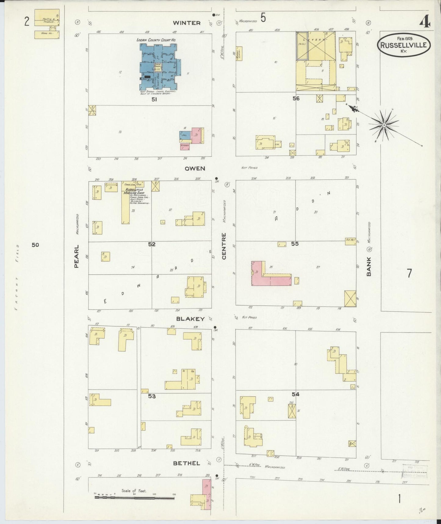 Sanborn Fire Insurance Map from Russellville, Logan County, Kentucky (1909), Sheet #0004 - Historic Sanborn Fire Insurance Map Print, vintage old map wall art, antique decor, genealogy gift, Kentucky Kentucky map