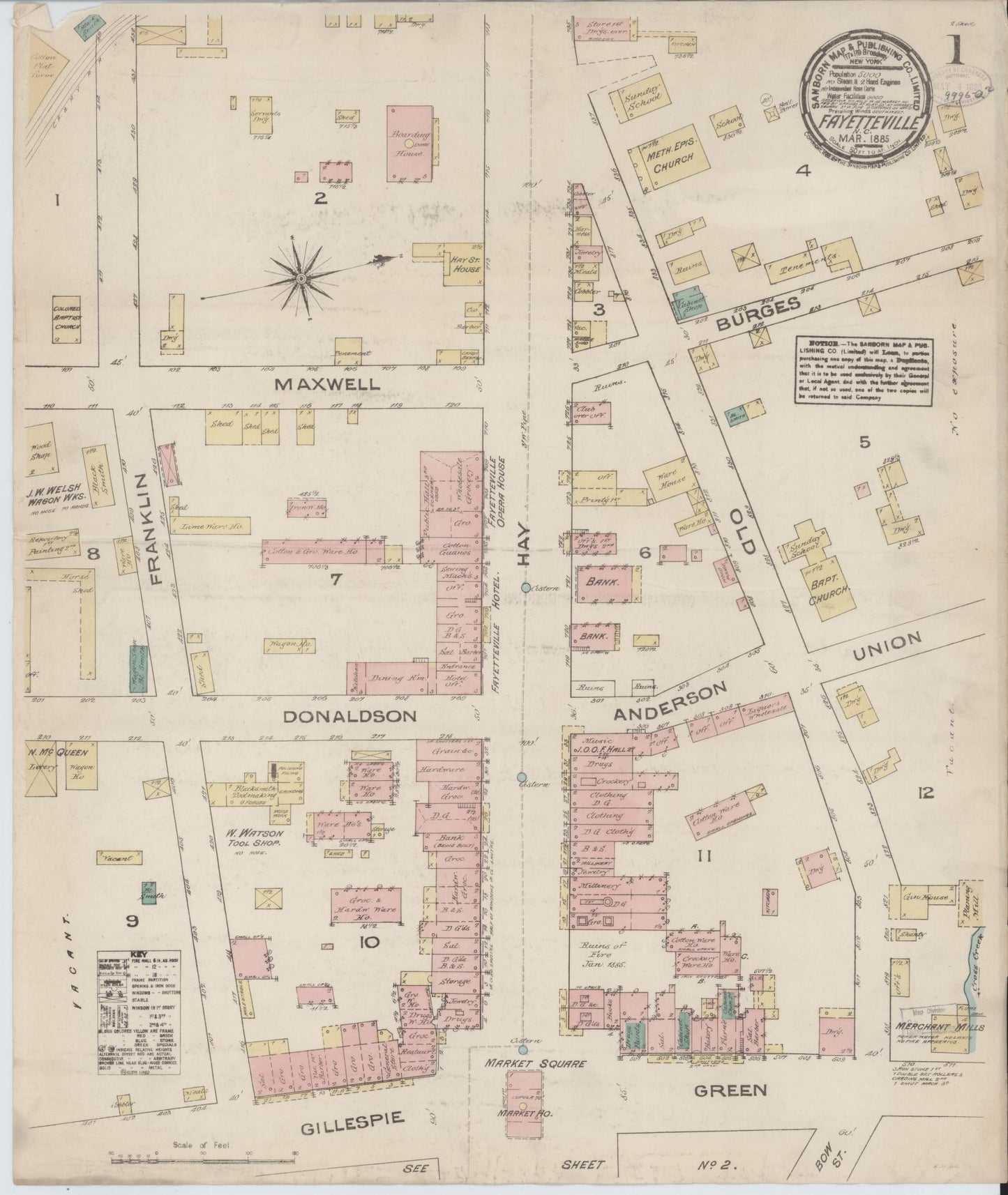 Sanborn Fire Insurance Map from Fayetteville, Cumberland County, North Carolina (1885), Sheet #0001 - Historic Sanborn Fire Insurance Map Print, vintage old map wall art, antique decor, genealogy gift, North Carolina North Carolina map