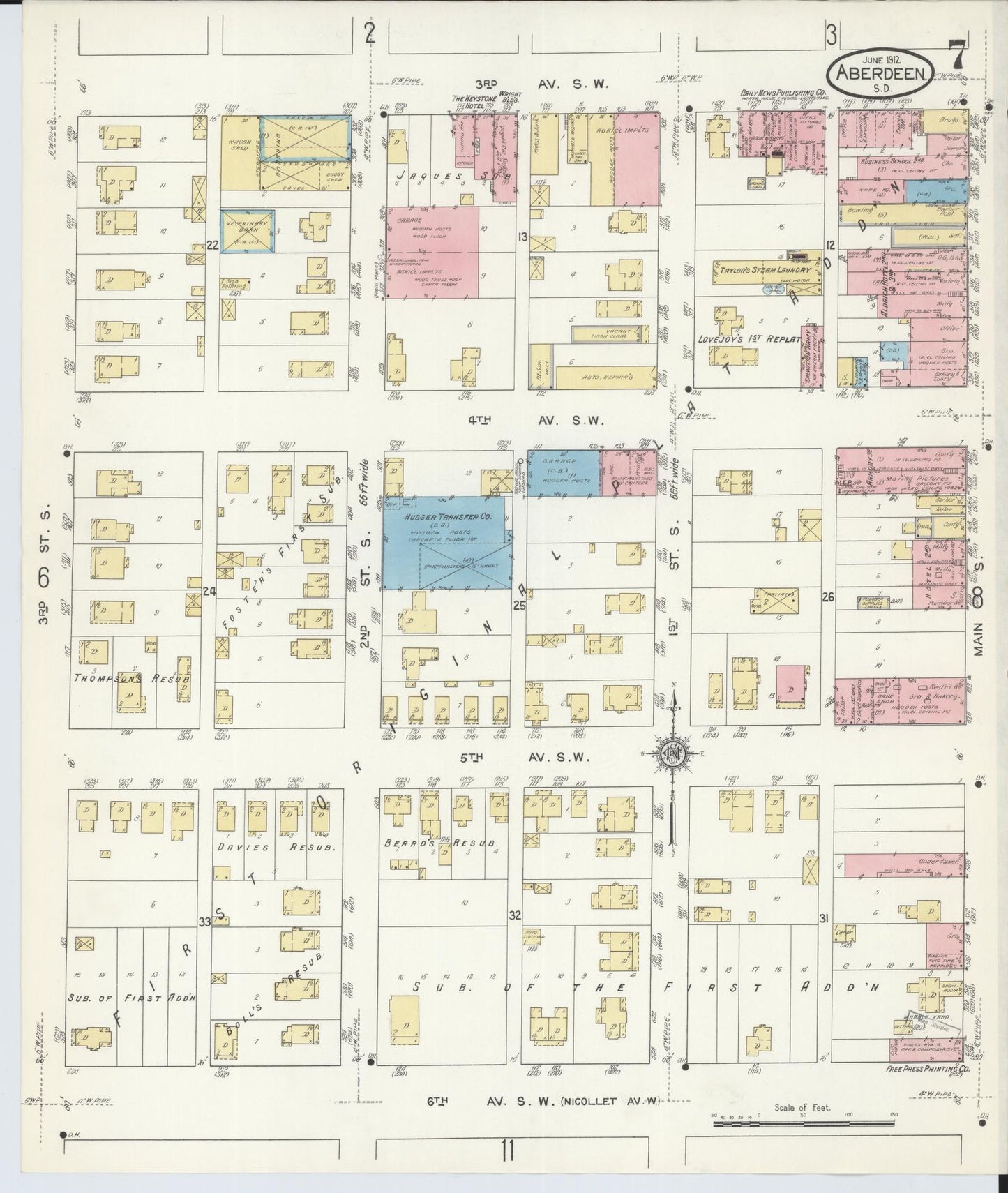 Sanborn Fire Insurance Map from Aberdeen, Brown County, South Dakota (1912), Sheet #0007 - Historic Sanborn Fire Insurance Map Print, vintage old map wall art, antique decor, genealogy gift, South Dakota South Dakota map