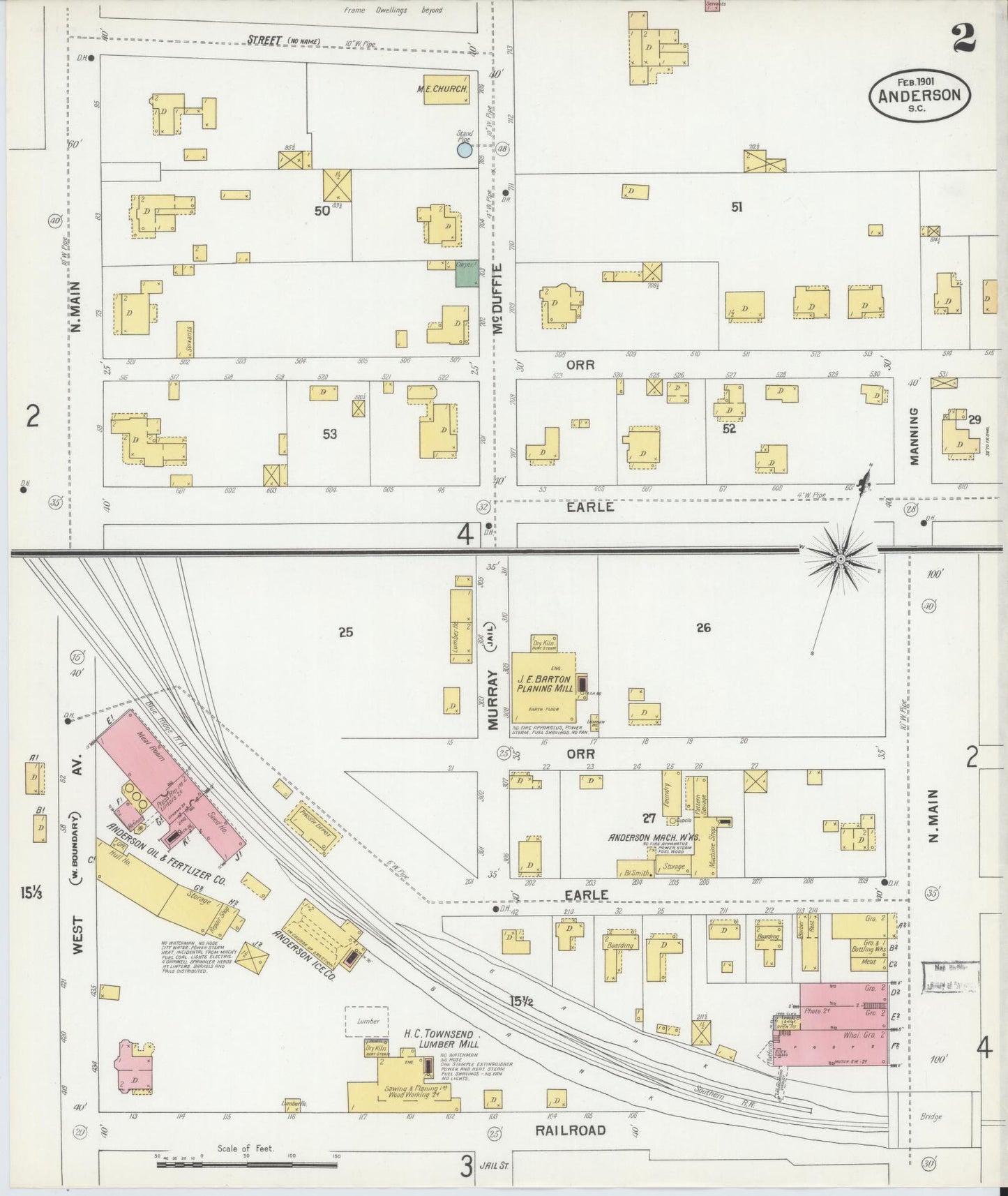 Sanborn Fire Insurance Map from Anderson, Anderson County, South Carolina (1901), Sheet #0002 - Historic Sanborn Fire Insurance Map Print, vintage old map wall art, antique decor, genealogy gift, South Carolina South Carolina map