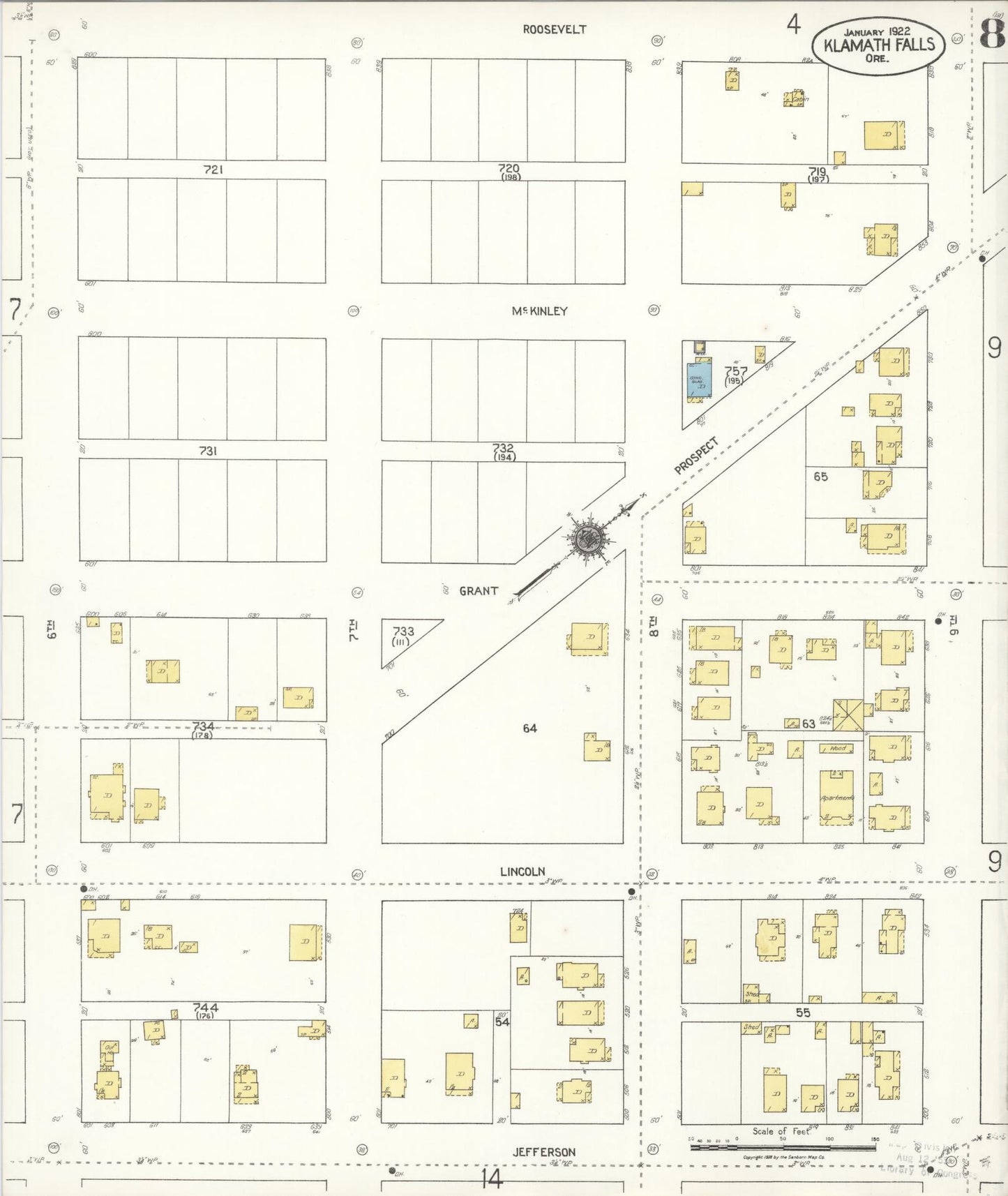 Sanborn Fire Insurance Map from Klamath Falls, Klamath County, Oregon (1921), Sheet #0008 - Historic Sanborn Fire Insurance Map Print, vintage old map wall art, antique decor, genealogy gift, Oregon Oregon map