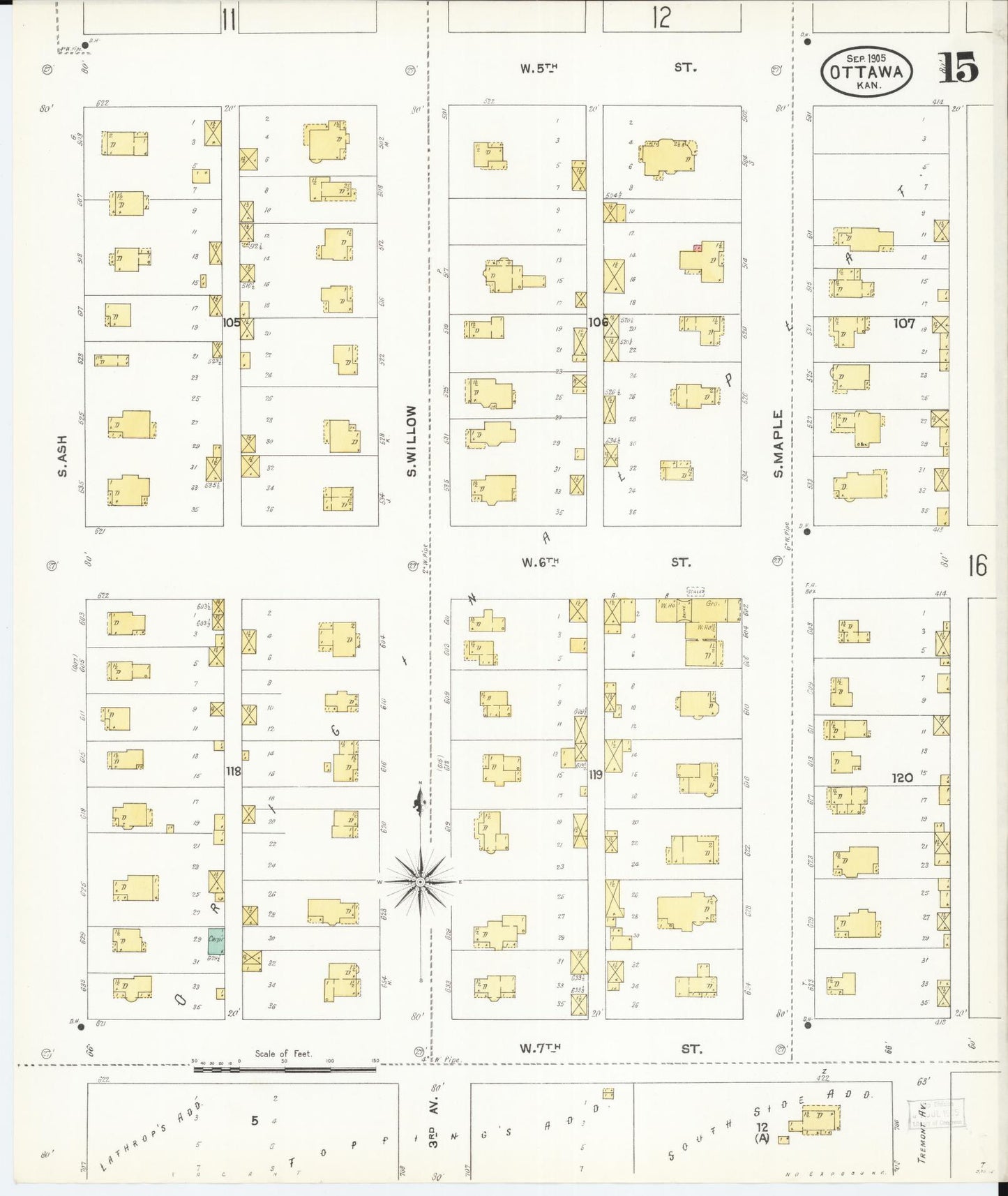Sanborn Fire Insurance Map from Ottawa, Franklin County, Kansas (1905), Sheet #0015 - Historic Sanborn Fire Insurance Map Print, vintage old map wall art, antique decor, genealogy gift, Kansas Kansas map