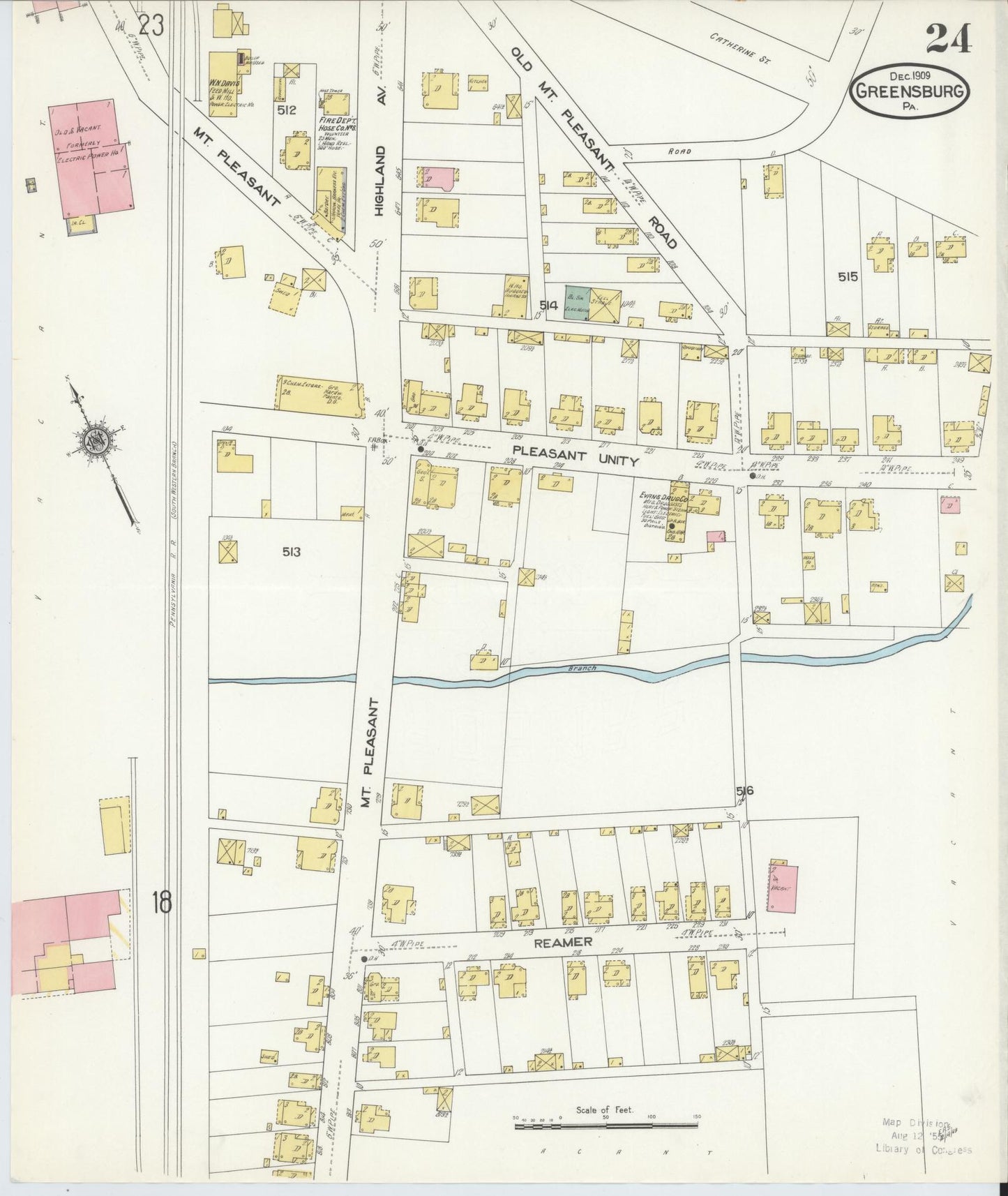 Sanborn Fire Insurance Map from Greensburg, Westmoreland County, Pennsylvania (1909), Sheet #0024 - Historic Sanborn Fire Insurance Map Print, vintage old map wall art, antique decor, genealogy gift, Pennsylvania Pennsylvania map