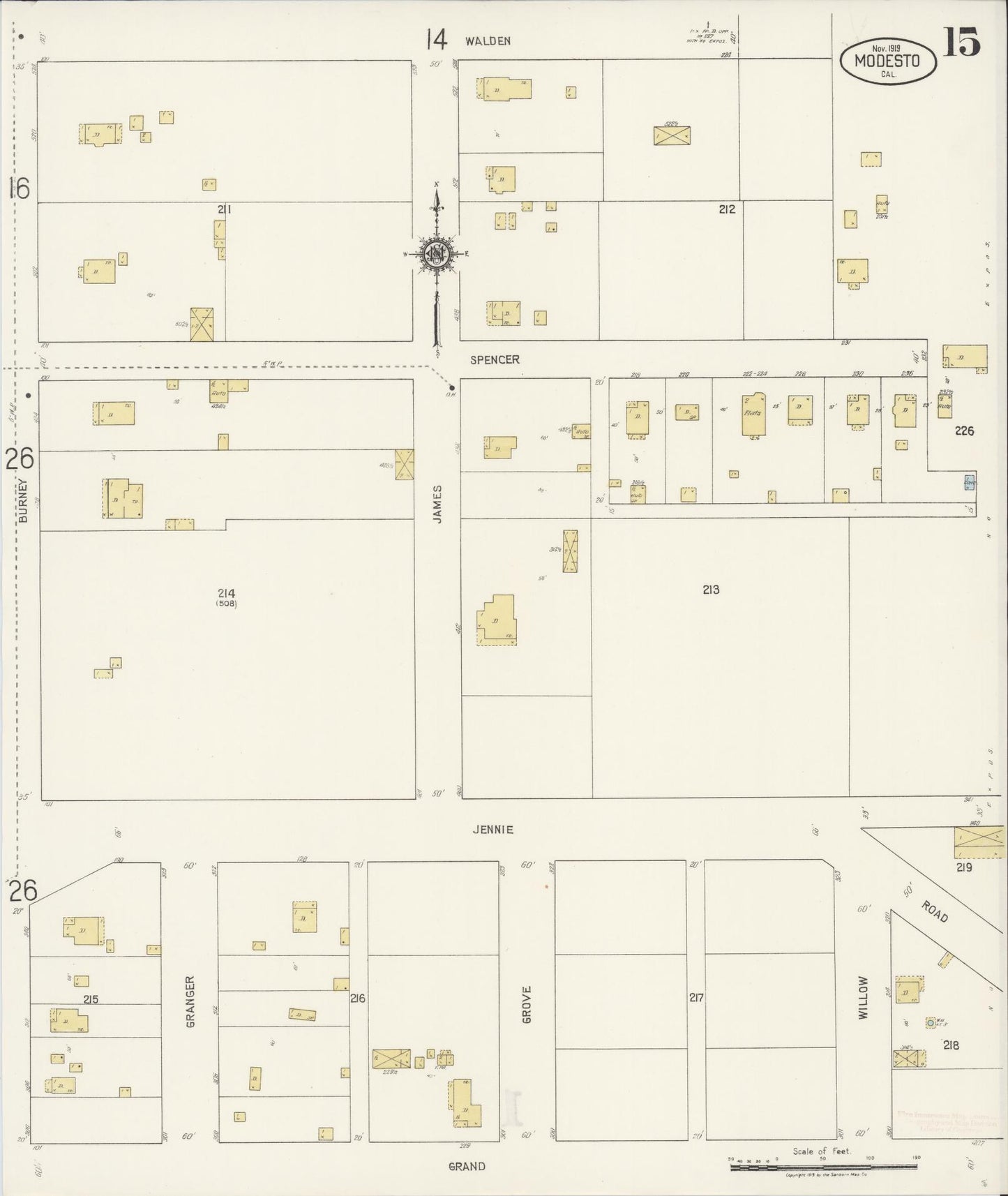 Sanborn Fire Insurance Map from Modesto, Stanislaus County, California (1919), Sheet #0015 - Historic Sanborn Fire Insurance Map Print, vintage old map wall art, antique decor, genealogy gift, California California map