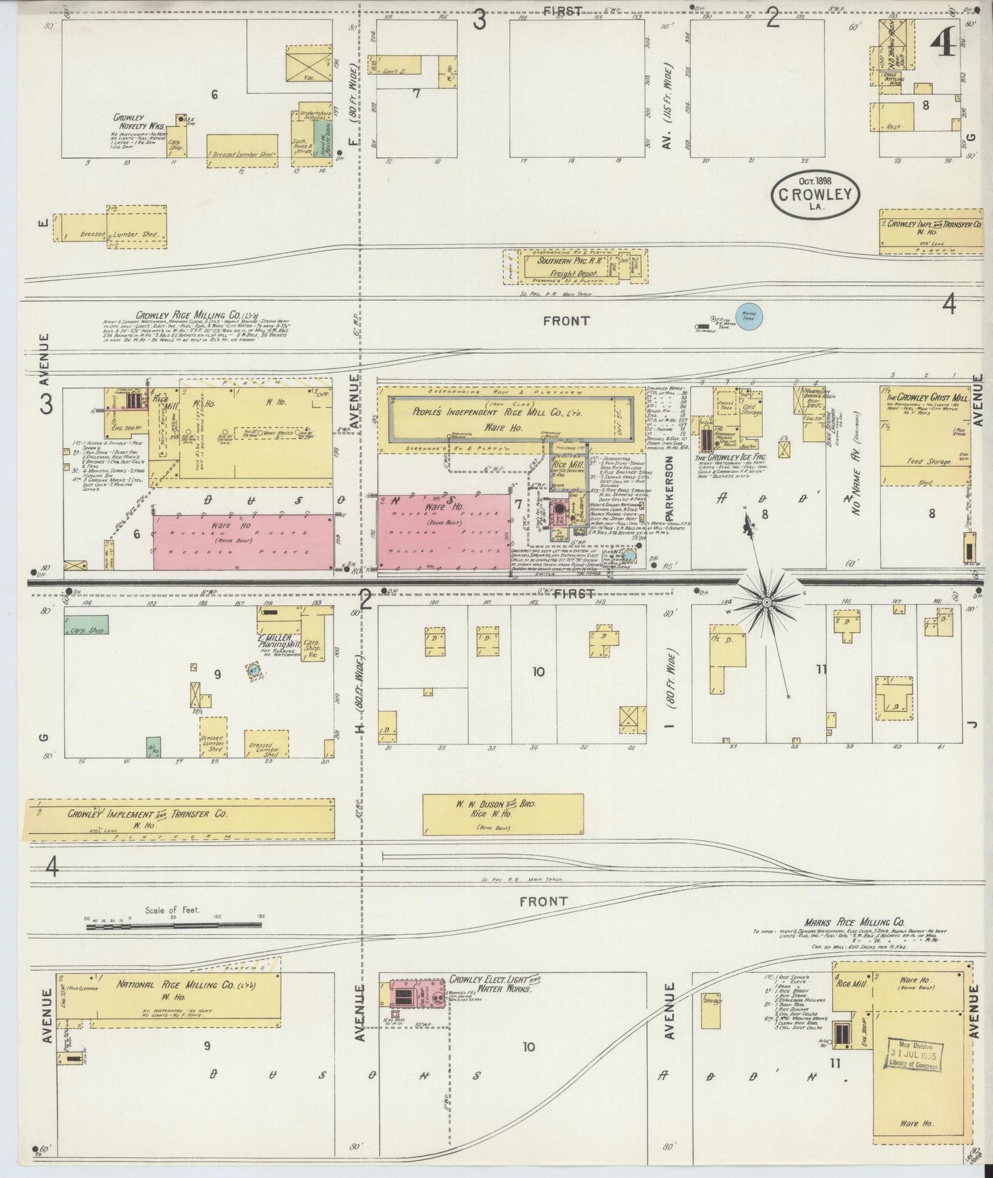 Sanborn Fire Insurance Map from Crowley, Acadia Parish, Louisiana (1898), Sheet #0004 - Historic Sanborn Fire Insurance Map Print, vintage old map wall art, antique decor, genealogy gift, Louisiana Louisiana map