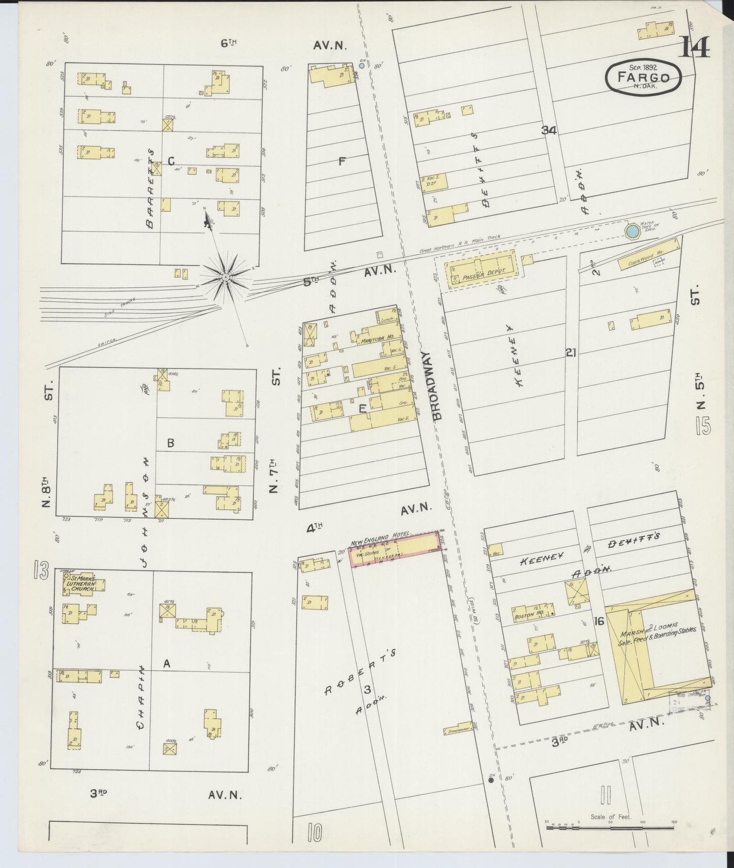 Sanborn Fire Insurance Map from Fargo, Cass County, North Dakota (1892), Sheet #0014 - Historic Sanborn Fire Insurance Map Print, vintage old map wall art, antique decor, genealogy gift, North Dakota North Dakota map