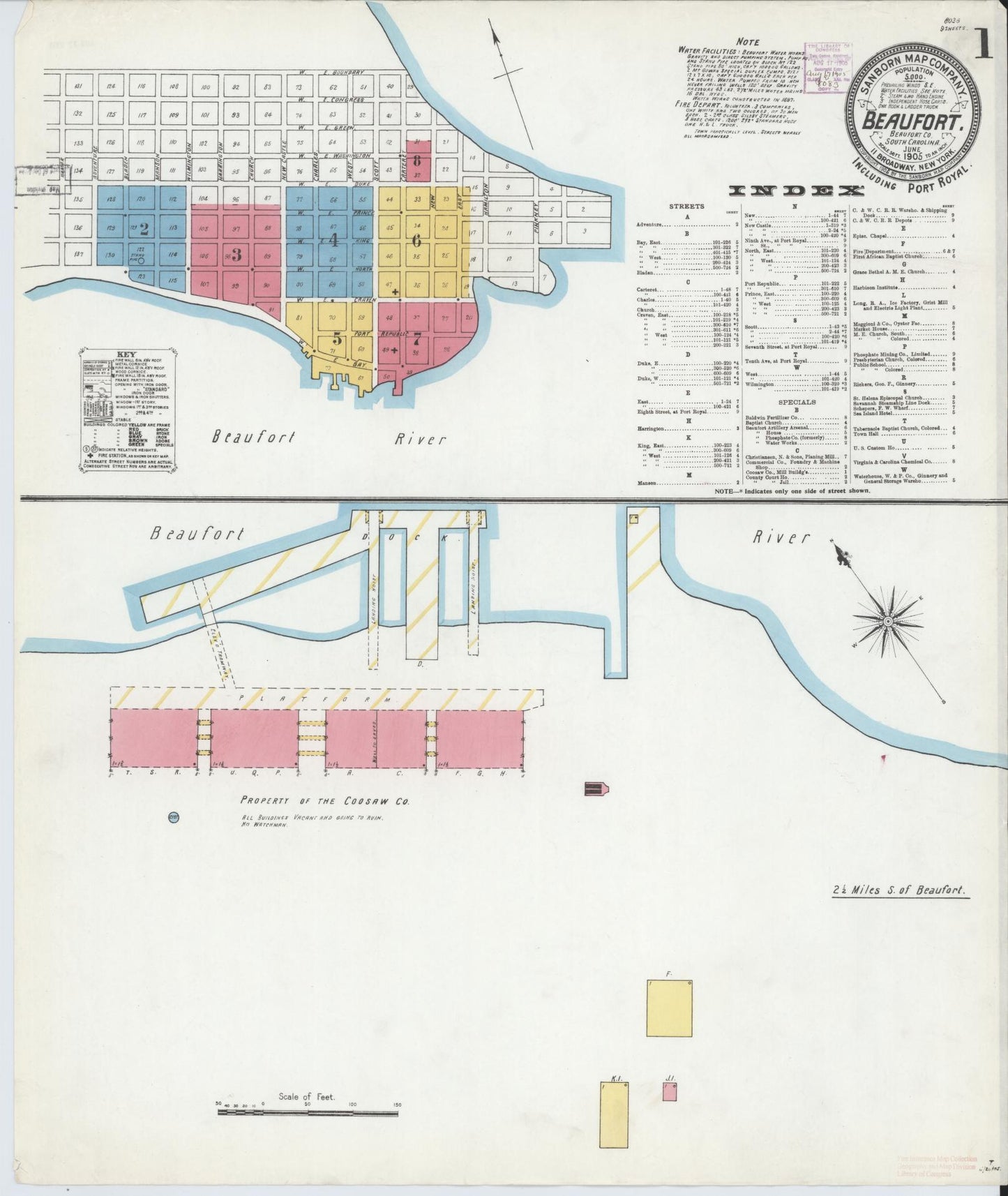 Sanborn Fire Insurance Map from Beaufort, Beaufort County, South Carolina (1905), Sheet #0001 - Historic Sanborn Fire Insurance Map Print, vintage old map wall art, antique decor, genealogy gift, South Carolina South Carolina map