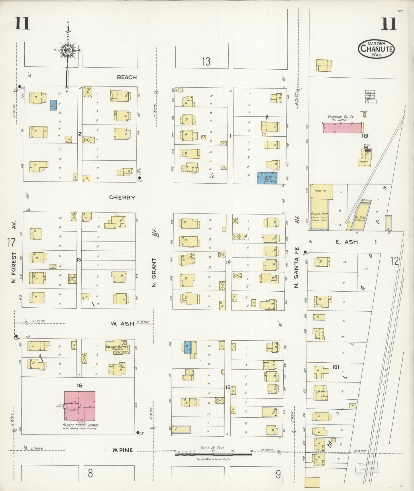 Sanborn Fire Insurance Map from Chanute, Neosho County, Kansas (1924), Sheet #0011 - Historic Sanborn Fire Insurance Map Print, vintage old map wall art, antique decor, genealogy gift, Kansas Kansas map