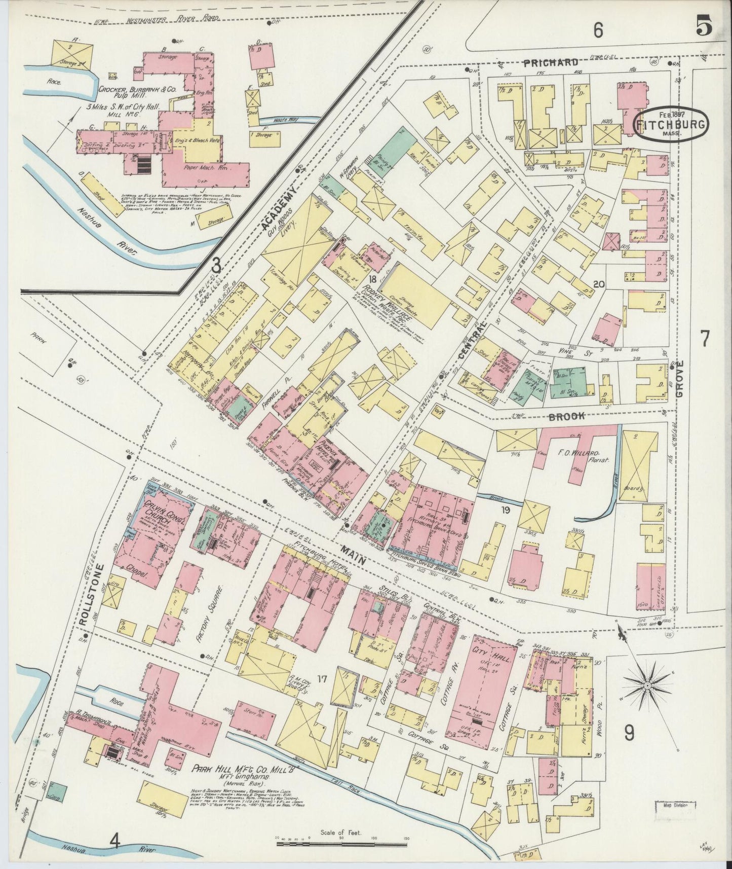 Sanborn Fire Insurance Map from Fitchburg, Worcester County, Massachusetts (1897), Sheet #0005 - Historic Sanborn Fire Insurance Map Print, vintage old map wall art, antique decor, genealogy gift, Massachusetts Massachusetts map