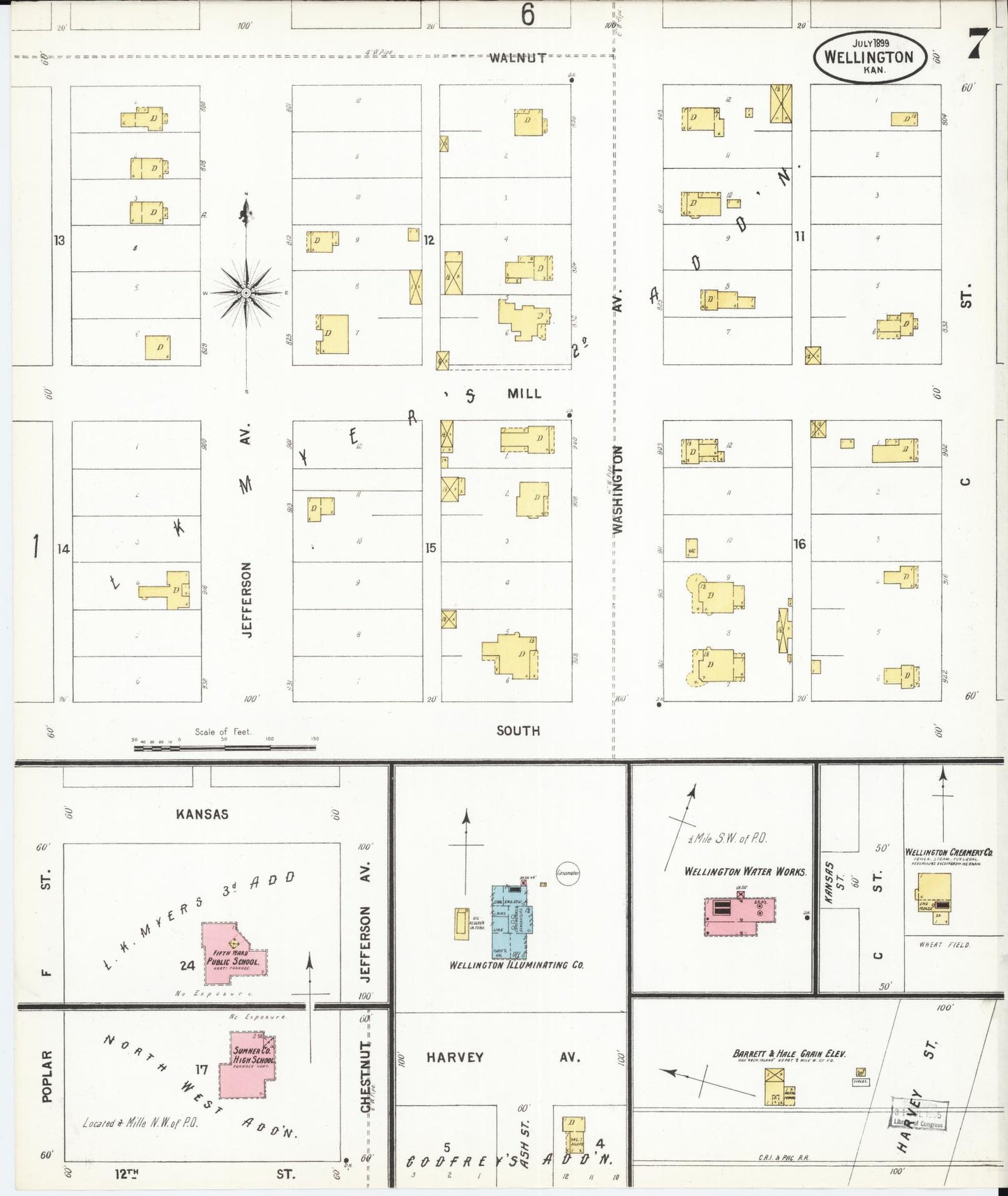 Sanborn Fire Insurance Map from Wellington, Sumner County, Kansas (1899), Sheet #0007 - Historic Sanborn Fire Insurance Map Print, vintage old map wall art, antique decor, genealogy gift, Kansas Kansas map