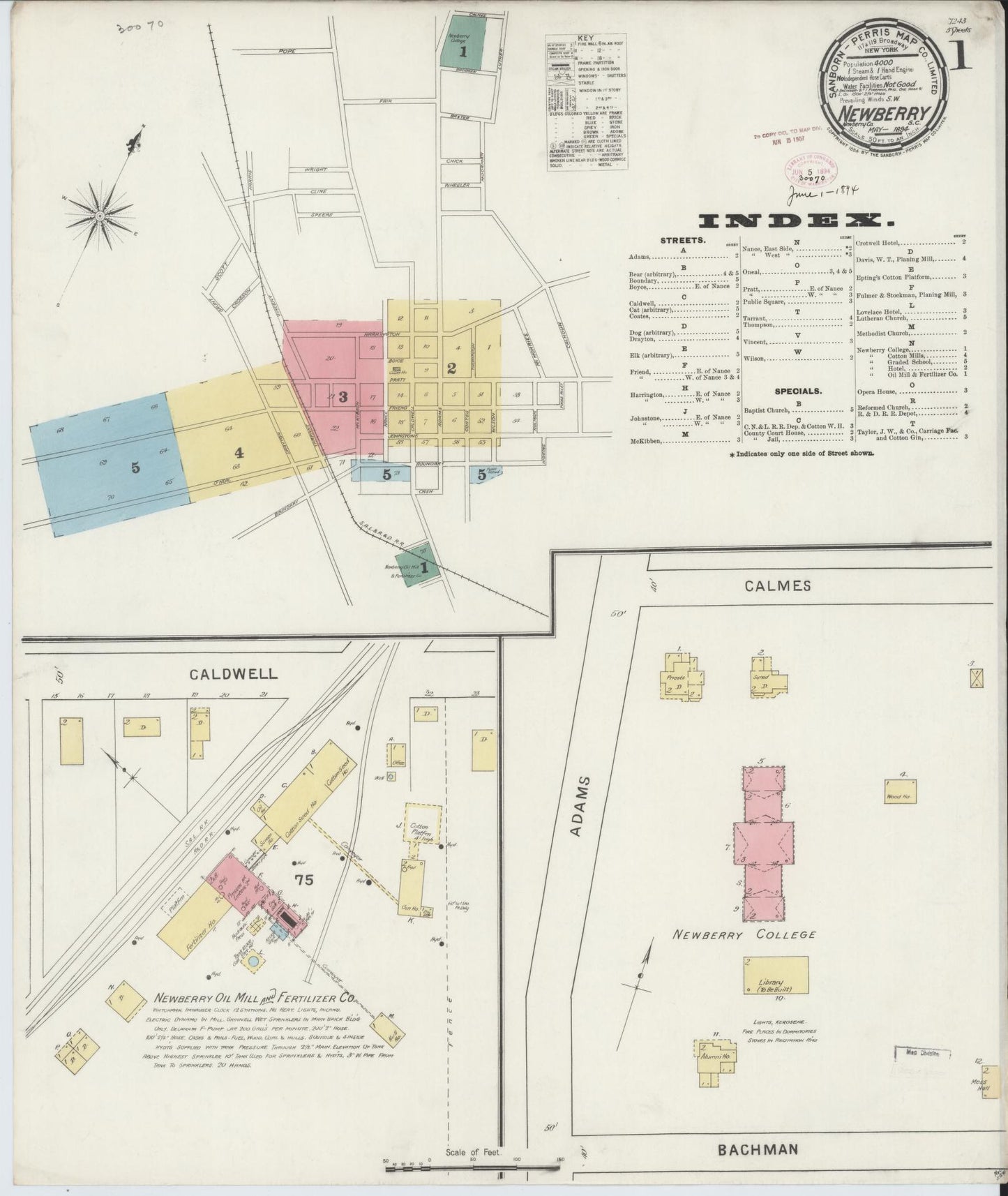 Sanborn Fire Insurance Map from Newberry, Newberry County, South Carolina (1894), Sheet #0001 - Historic Sanborn Fire Insurance Map Print, vintage old map wall art, antique decor, genealogy gift, South Carolina South Carolina map