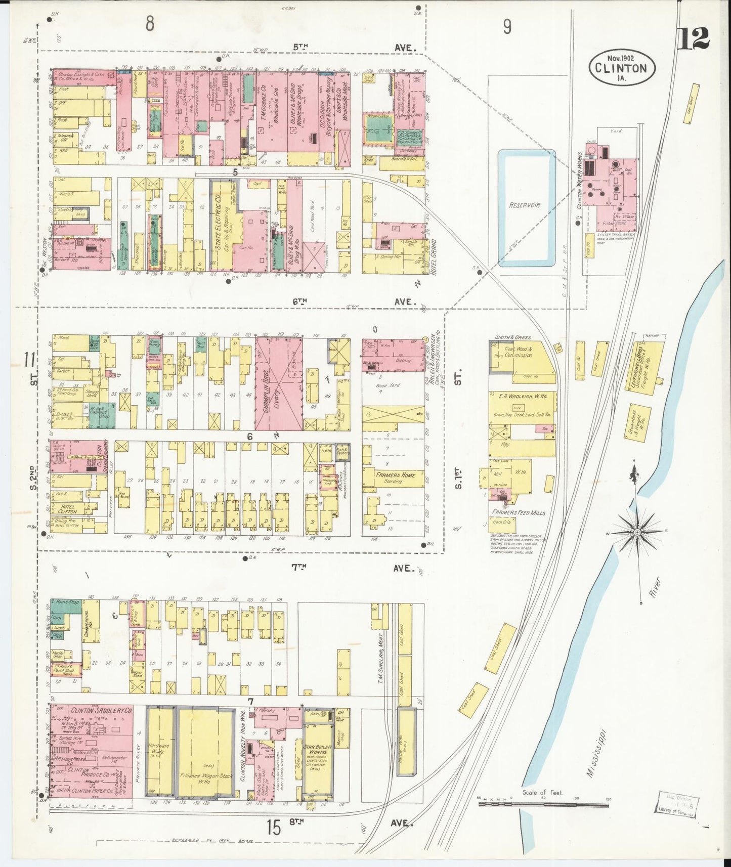 Sanborn Fire Insurance Map from Clinton, Clinton County, Iowa (1902), Sheet #0012 - Historic Sanborn Fire Insurance Map Print, vintage old map wall art