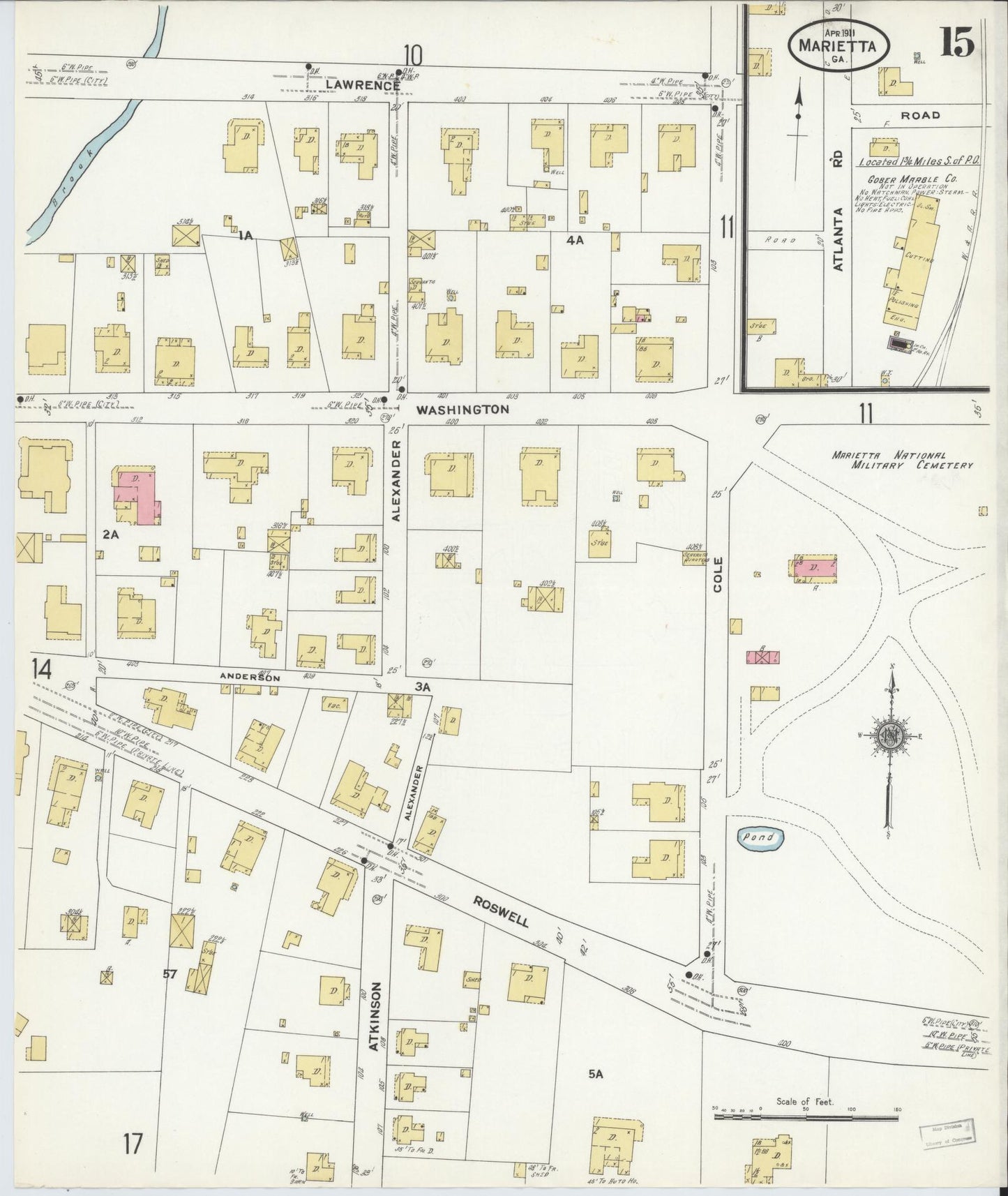 Sanborn Fire Insurance Map from Marietta, Cobb County, Georgia (1911), Sheet #0015 - Historic Sanborn Fire Insurance Map Print, vintage old map wall art, antique decor, genealogy gift, Georgia Georgia map