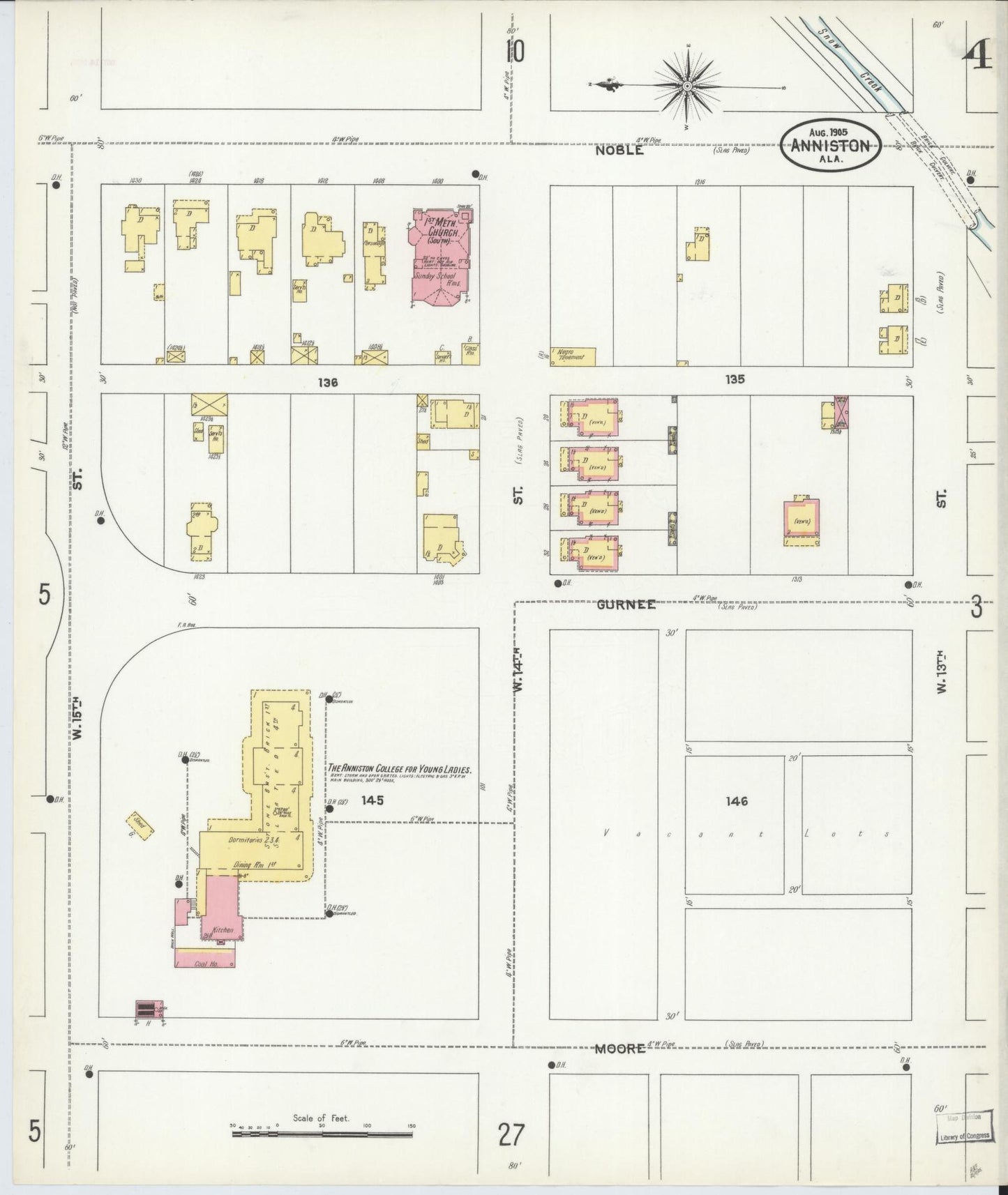 Sanborn Fire Insurance Map from Anniston, Calhoun County, Alabama (1905), Sheet #0004 - Historic Sanborn Fire Insurance Map Print, vintage old map wall art, antique decor, genealogy gift, Alabama Alabama map