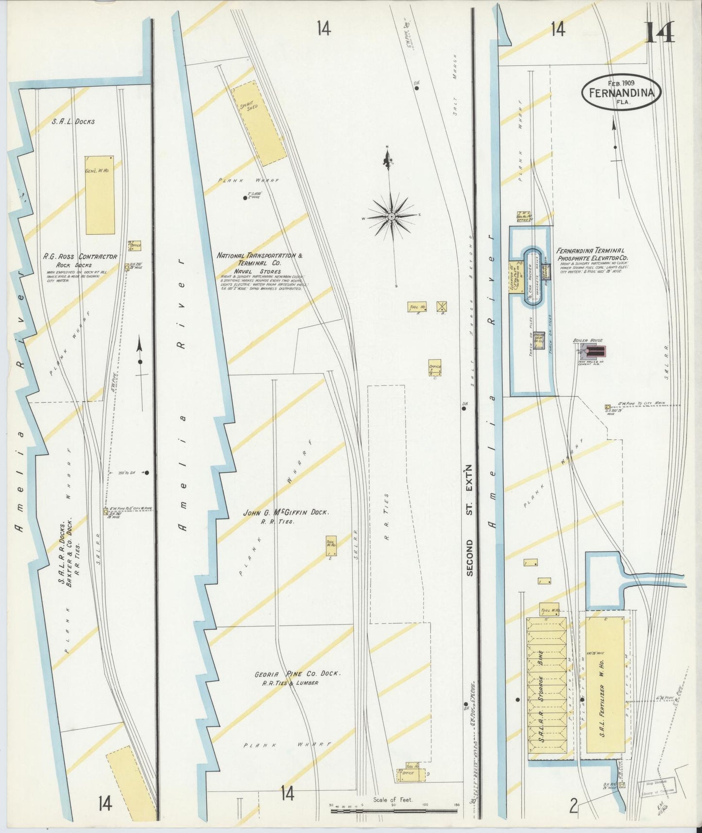Sanborn Fire Insurance Map from Fernandina, Nassau County, Florida (1909), Sheet #0014 - Historic Sanborn Fire Insurance Map Print, vintage old map wall art, antique decor, genealogy gift, Florida Florida map