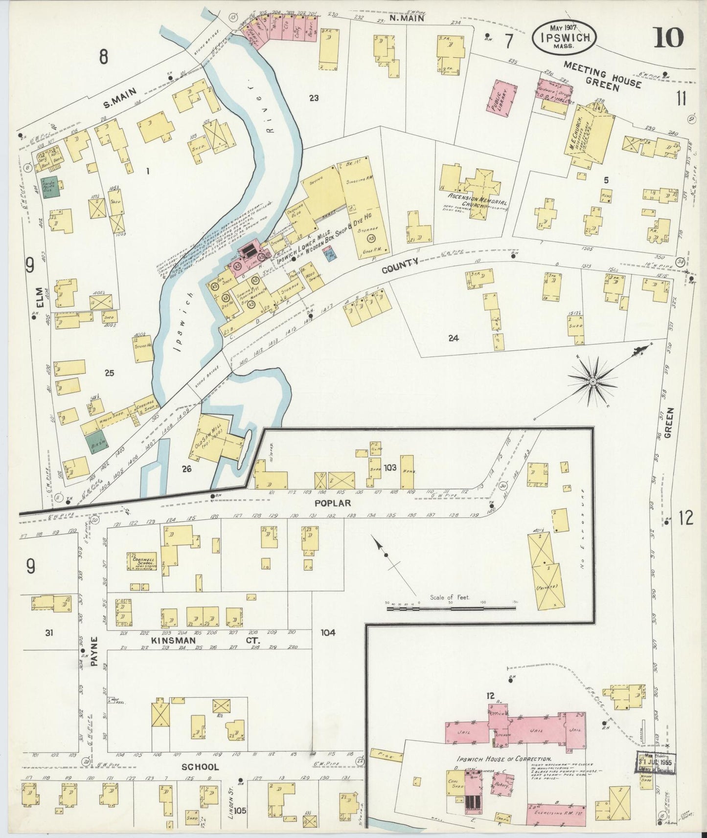 Sanborn Fire Insurance Map from Ipswich, Essex County, Massachusetts (1907), Sheet #0010 - Historic Sanborn Fire Insurance Map Print, vintage old map wall art, antique decor, genealogy gift, Massachusetts Massachusetts map
