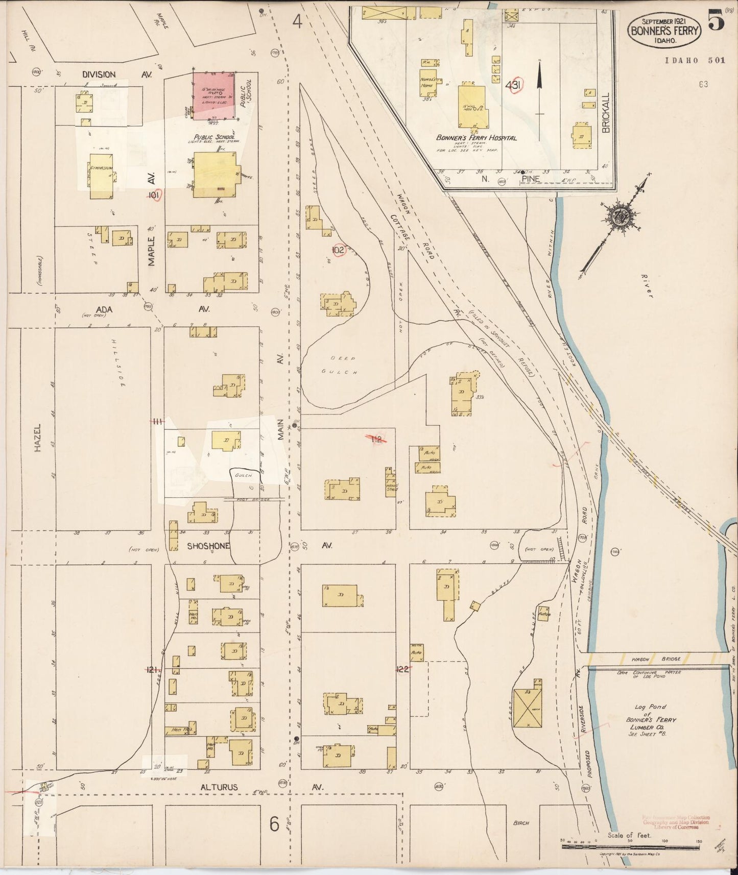 Sanborn Fire Insurance Map from Bonners Ferry, Boundary County, Idaho (1930), Sheet #0005 - Historic Sanborn Fire Insurance Map Print, vintage old map wall art, antique decor, genealogy gift, Idaho Idaho map