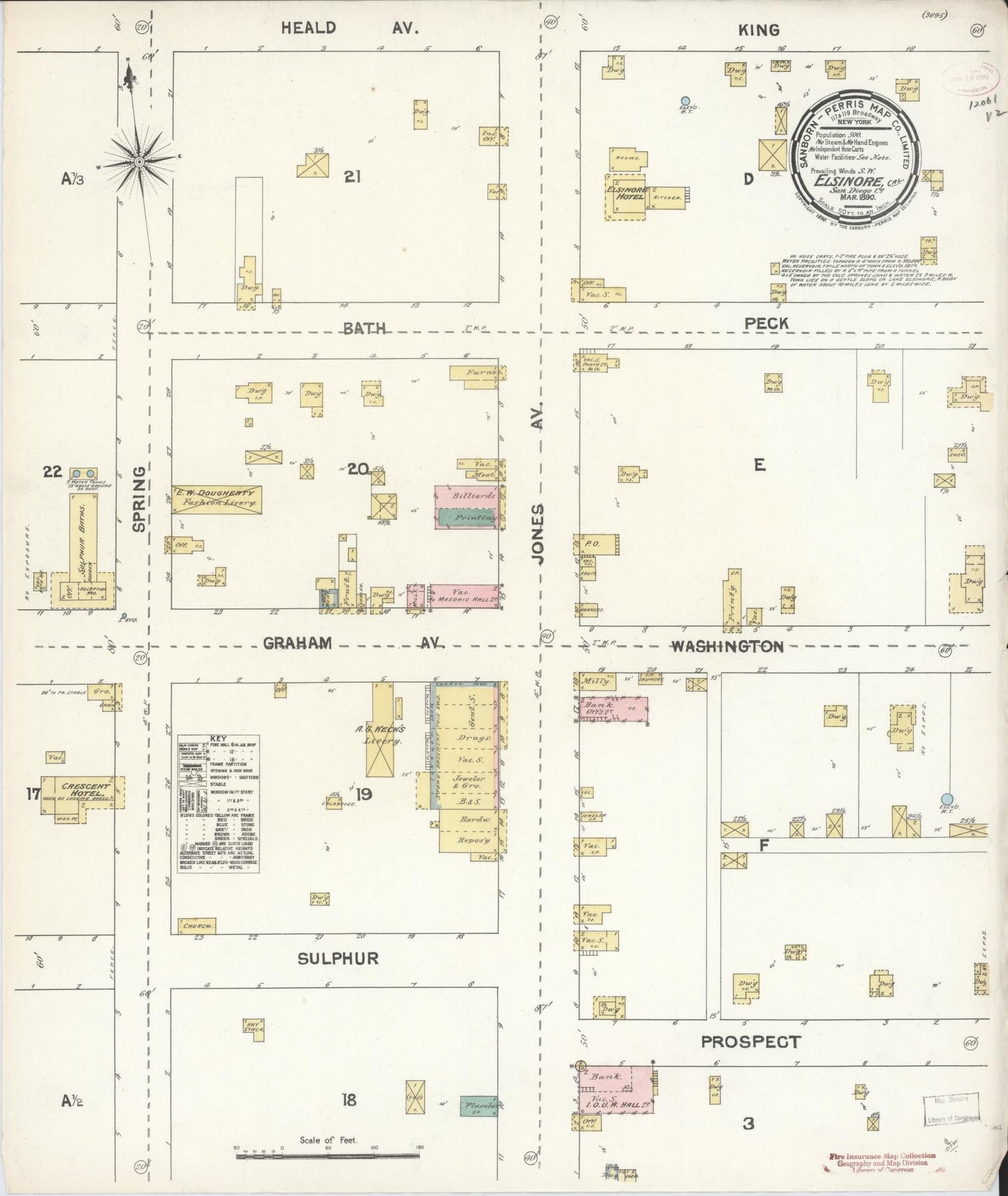 Sanborn Fire Insurance Map from Elsinore, Riverside County, California (1890), Sheet #0001 - Historic Sanborn Fire Insurance Map Print, vintage old map wall art, antique decor, genealogy gift, California California map