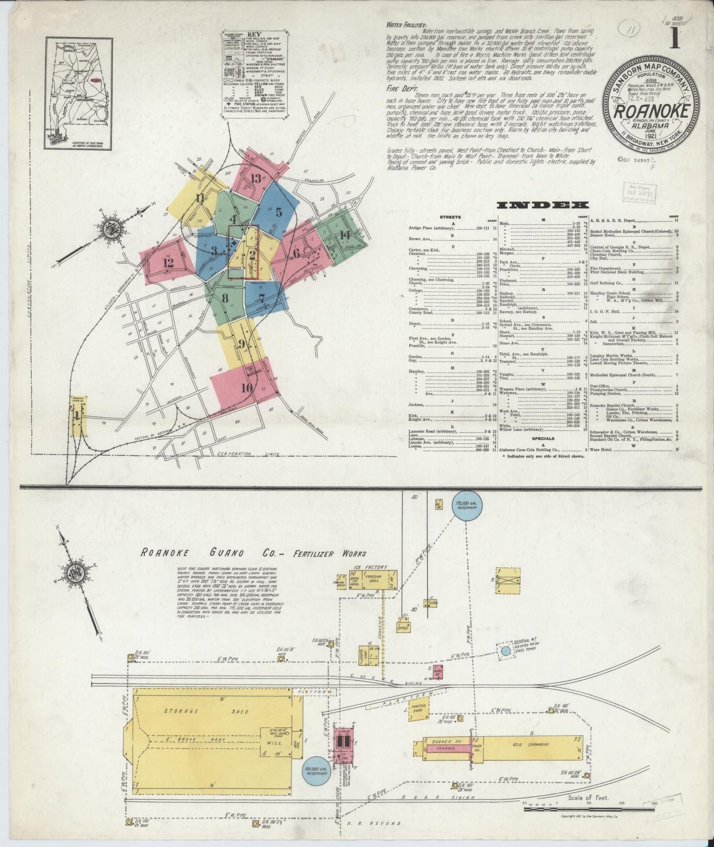 Sanborn Fire Insurance Map from Roanoke, Randolph County, Alabama. (1921) – Historic Sanborn Fire Insurance Map Print