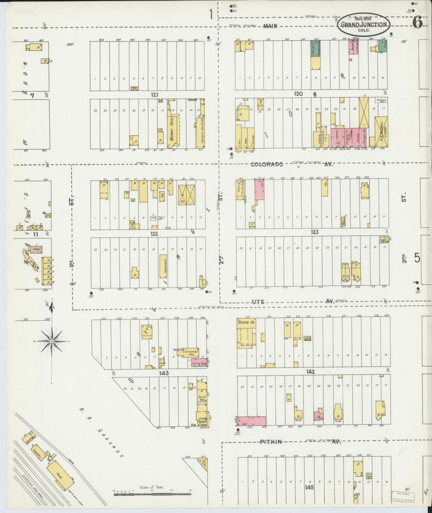 Sanborn Fire Insurance Map from Grand Junction, Mesa County, Colorado (1899), Sheet #0006 - Historic Sanborn Fire Insurance Map Print, vintage old map wall art, antique decor, genealogy gift, Colorado Colorado map