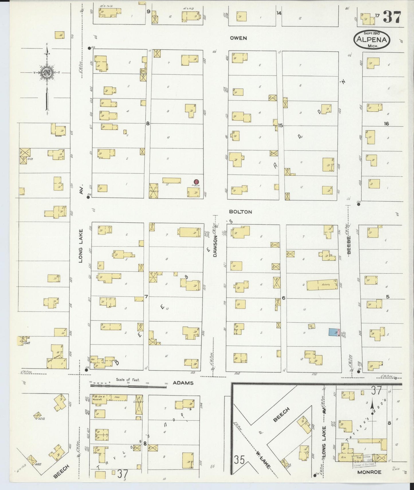 Sanborn Fire Insurance Map from Alpena, Alpena County, Michigan (1910), Sheet #0037 - Historic Sanborn Fire Insurance Map Print, vintage old map wall art, antique decor, genealogy gift, Michigan Michigan map
