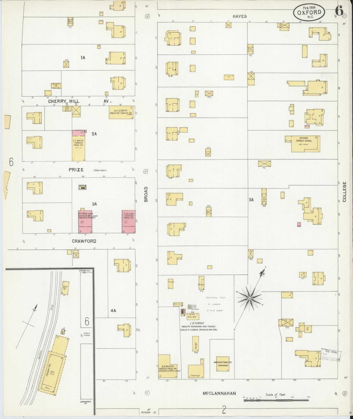 Sanborn Fire Insurance Map from Oxford, Granville County, North Carolina (1904), Sheet #0006 - Historic Sanborn Fire Insurance Map Print, vintage old map wall art, antique decor, genealogy gift, North Carolina North Carolina map