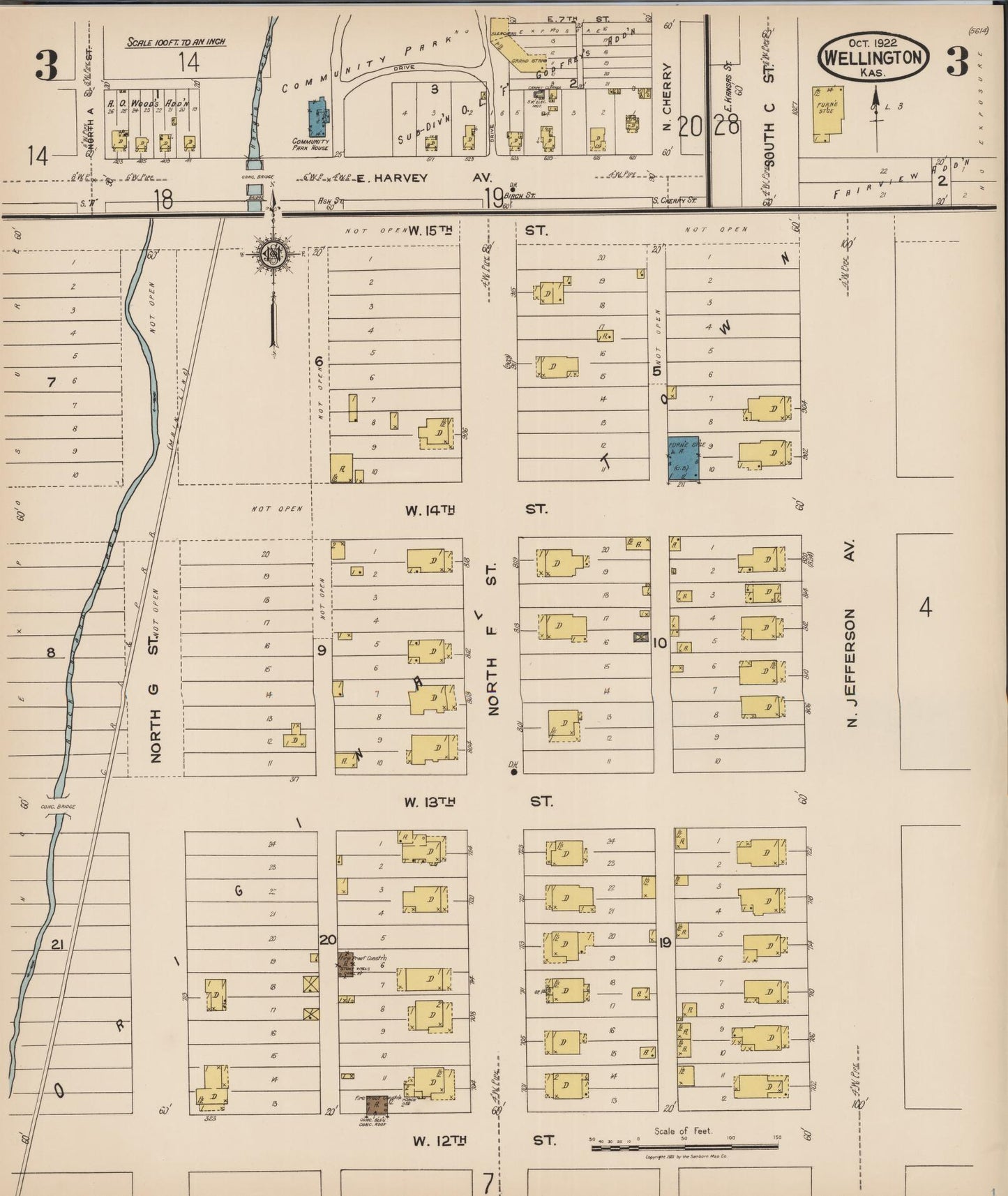 Sanborn Fire Insurance Map from Wellington, Sumner County, Kansas (1922), Sheet #0003 - Historic Sanborn Fire Insurance Map Print, vintage old map wall art, antique decor, genealogy gift, Kansas Kansas map