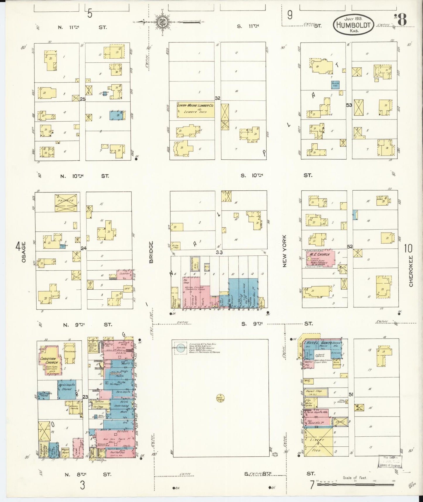 Sanborn Fire Insurance Map from Humboldt, Allen County, Kansas (1913), Sheet #0008 - Historic Sanborn Fire Insurance Map Print, vintage old map wall art, antique decor, genealogy gift, Kansas Kansas map