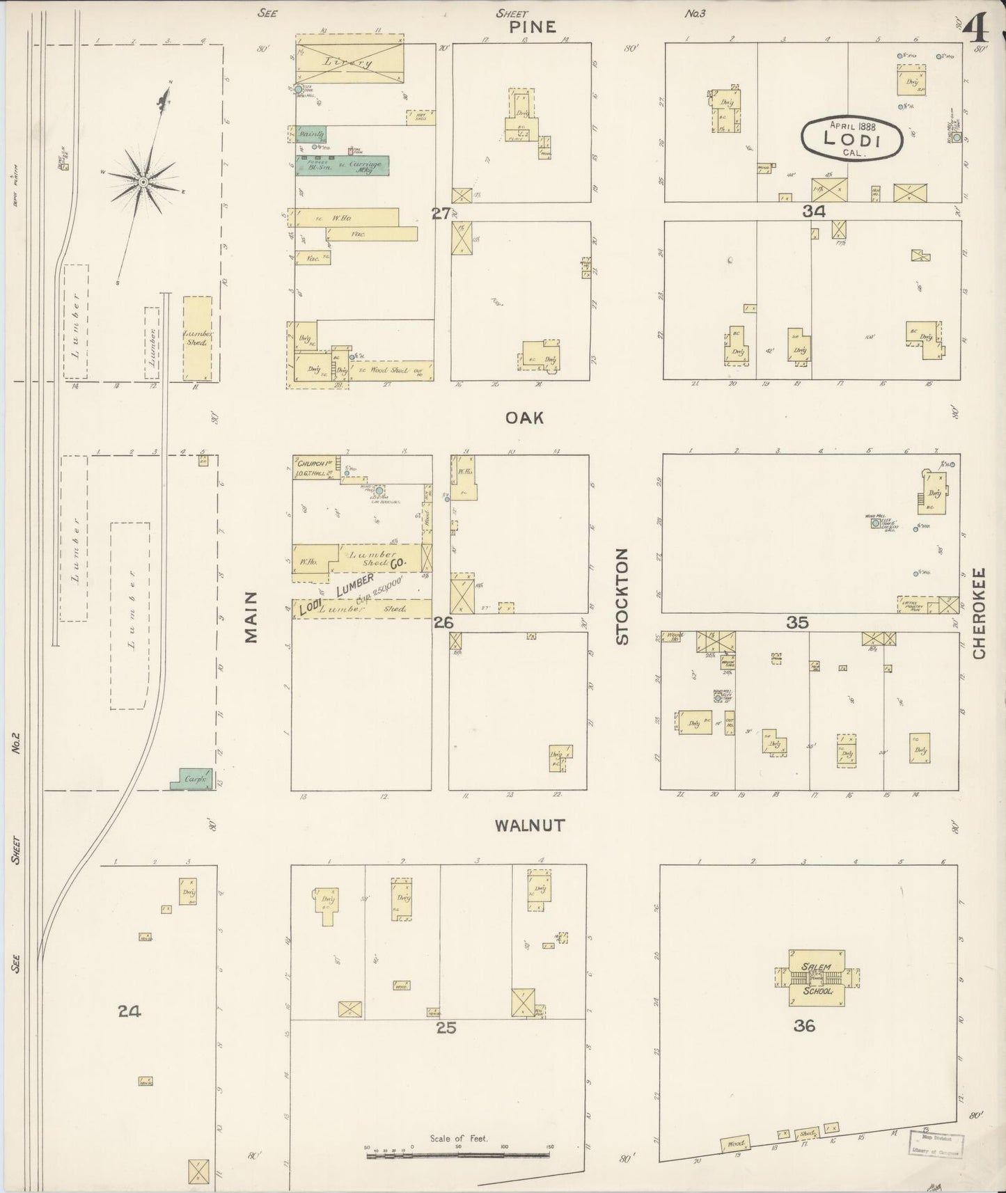 Sanborn Fire Insurance Map from Lodi, San Joaquin County, California (1888), Sheet #0004 - Historic Sanborn Fire Insurance Map Print, vintage old map wall art, antique decor, genealogy gift, California California map