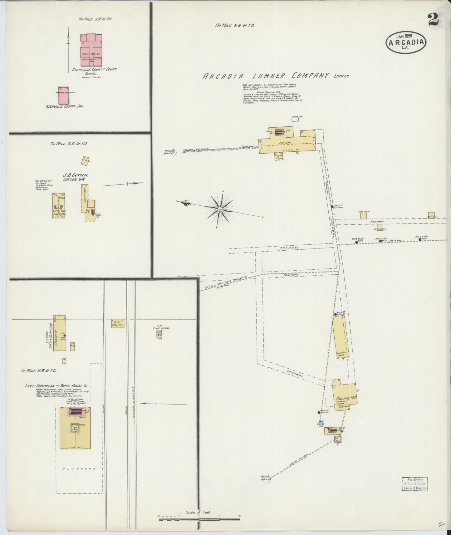 Sanborn Fire Insurance Map from Arcadia, Bienville Parish, Louisiana (1898), Sheet #0002 - Complete Map Set gallery image, historic Sanborn map, vintage wall art, Louisiana Louisiana