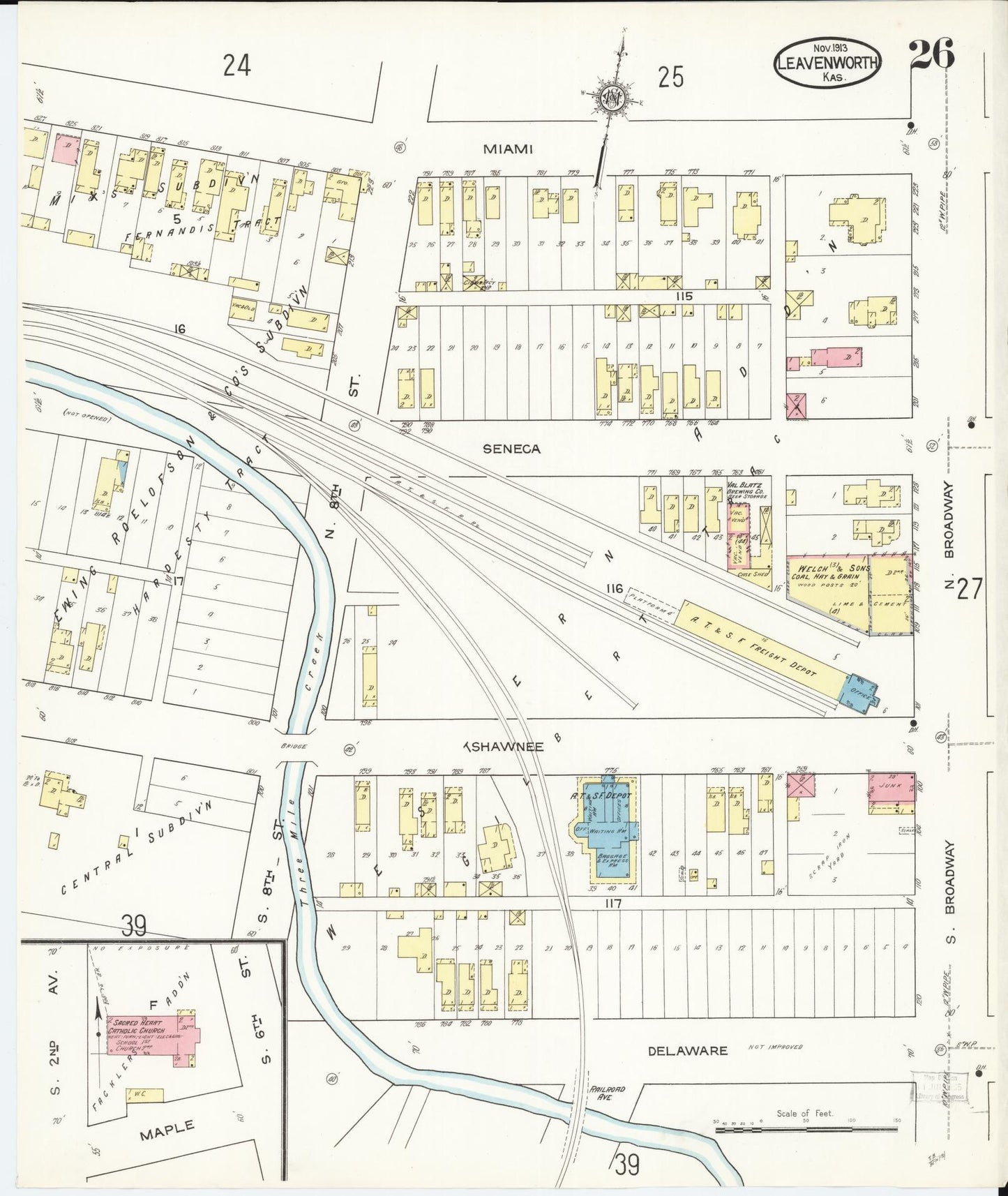 Sanborn Fire Insurance Map from Leavenworth, Leavenworth County, Kansas (1913), Sheet #0027 - Historic Sanborn Fire Insurance Map Print, vintage old map wall art, antique decor, genealogy gift, Kansas Kansas map