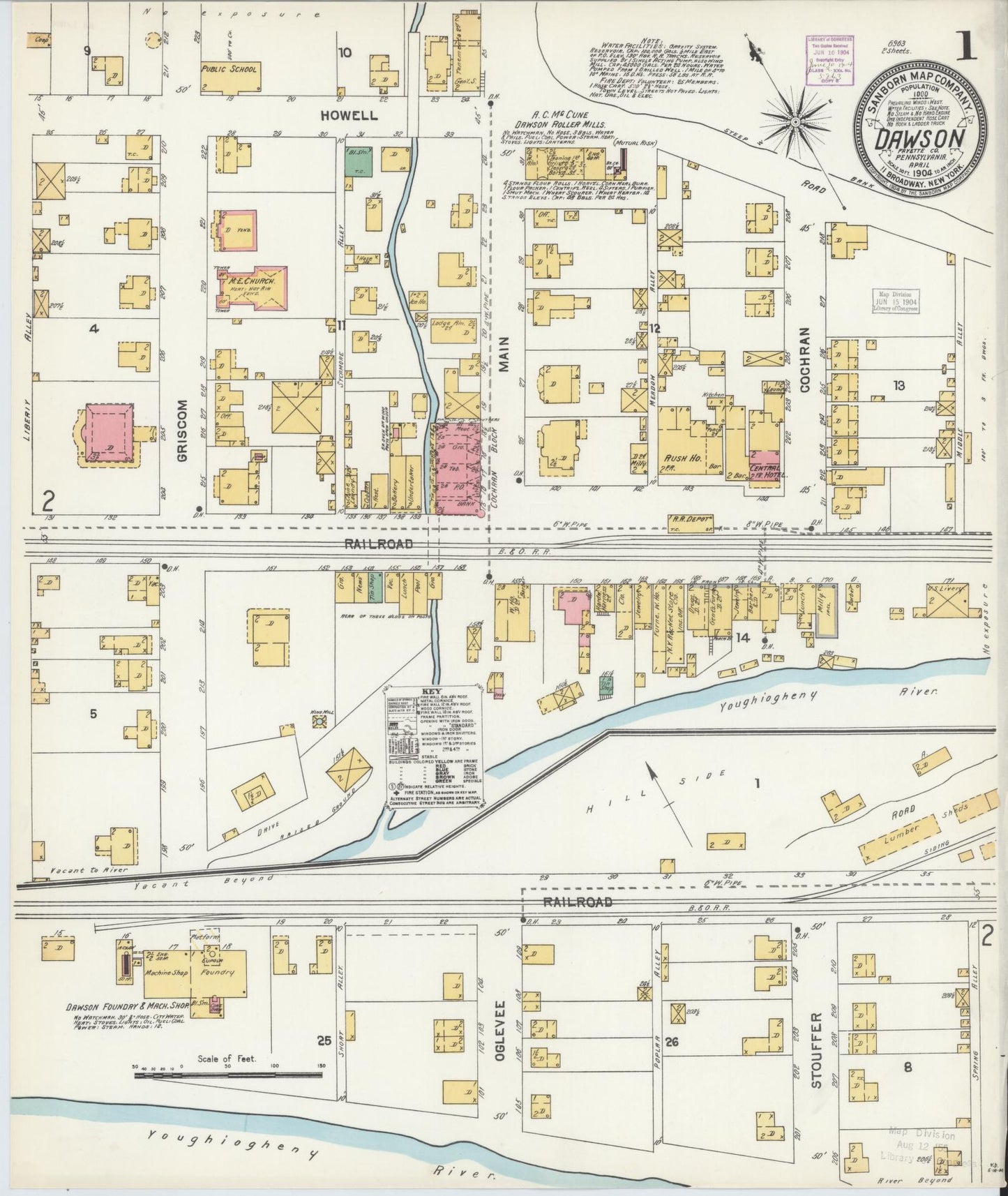 Sanborn Fire Insurance Map from Dawson, Fayette County, Pennsylvania (1904), Sheet #0001 - Historic Sanborn Fire Insurance Map Print, vintage old map wall art, antique decor, genealogy gift, Pennsylvania Pennsylvania map