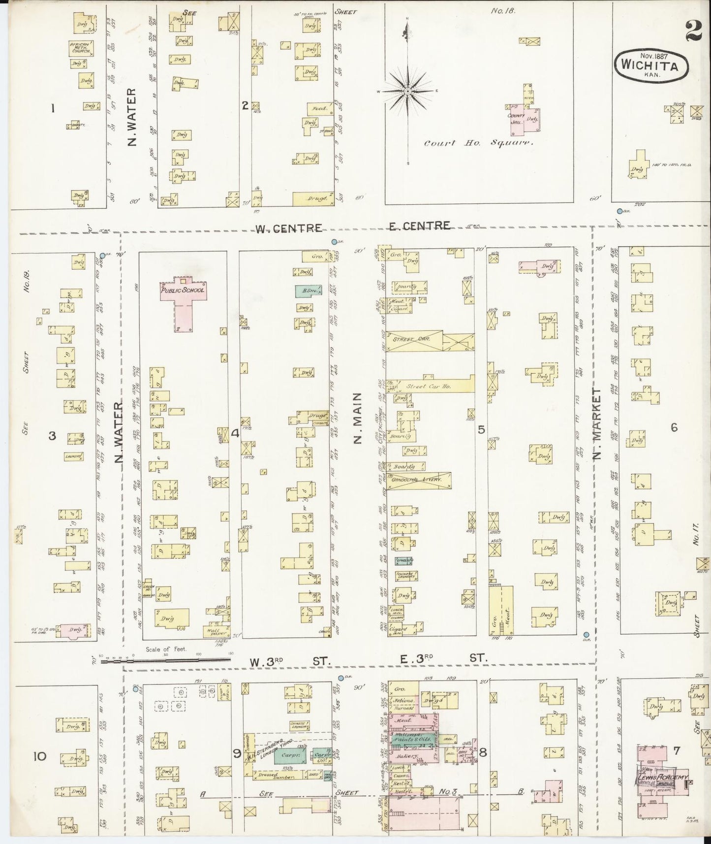 Sanborn Fire Insurance Map from Wichita, Sedgwick County, Kansas (1887), Sheet #0002 - Historic Sanborn Fire Insurance Map Print, vintage old map wall art, antique decor, genealogy gift, Kansas Kansas map