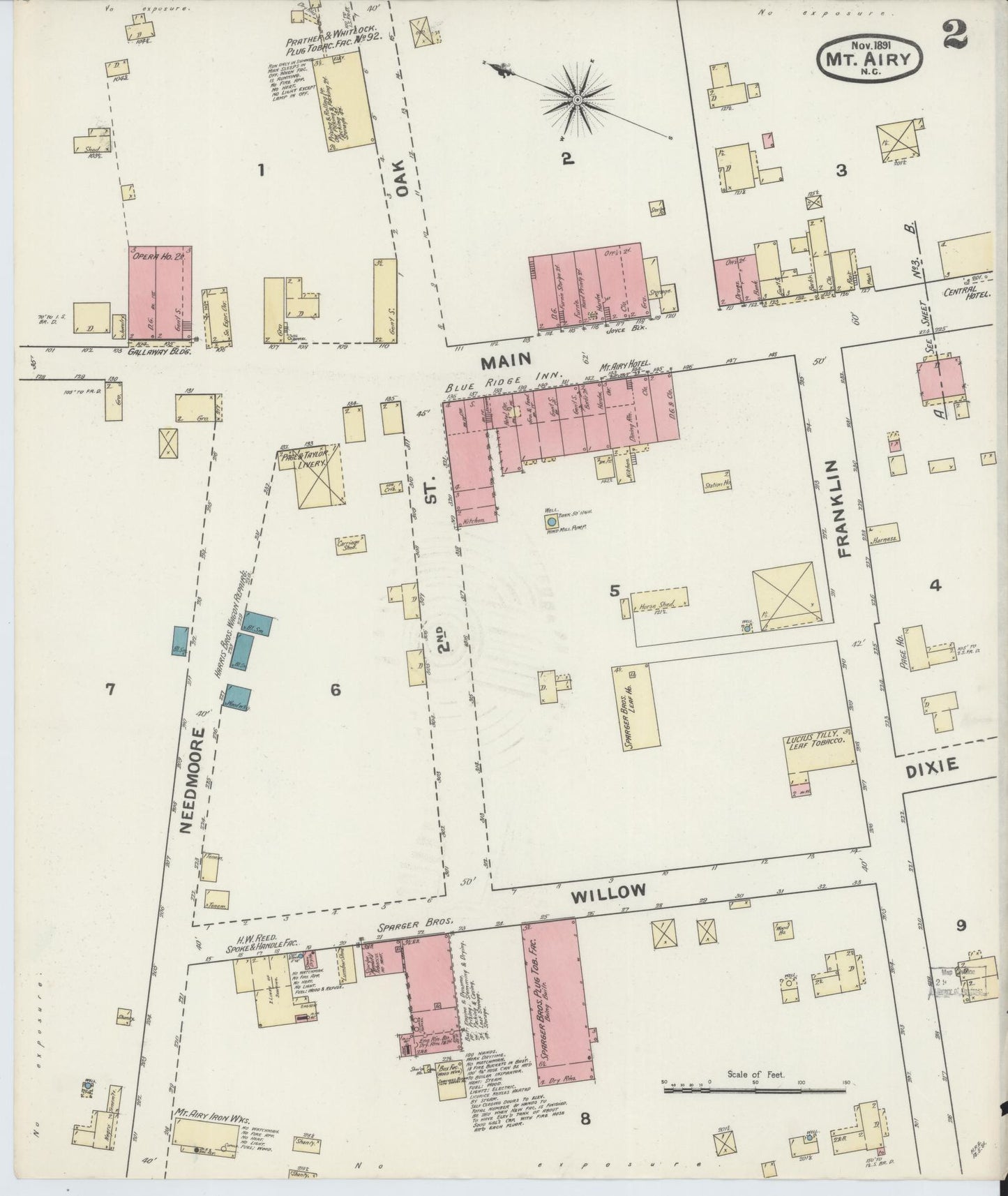 Sanborn Fire Insurance Map from Mount Airy, Surry County, North Carolina (1891), Sheet #0002 - Historic Sanborn Fire Insurance Map Print, vintage old map wall art, antique decor, genealogy gift, North Carolina North Carolina map