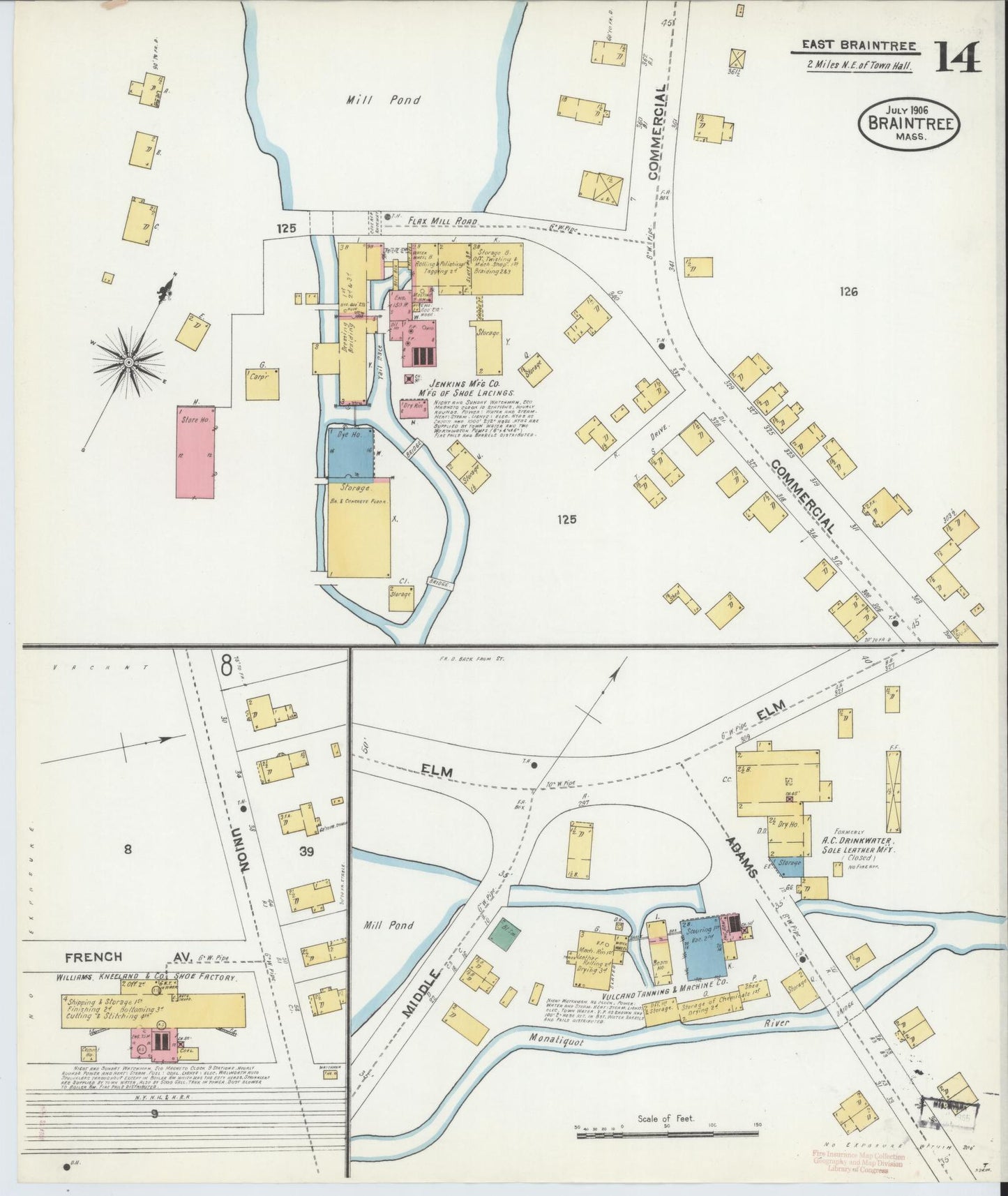 Sanborn Fire Insurance Map from Braintree, Norfolk County, Massachusetts (1906), Sheet #0014 - Historic Sanborn Fire Insurance Map Print, vintage old map wall art, antique decor, genealogy gift, Massachusetts Massachusetts map