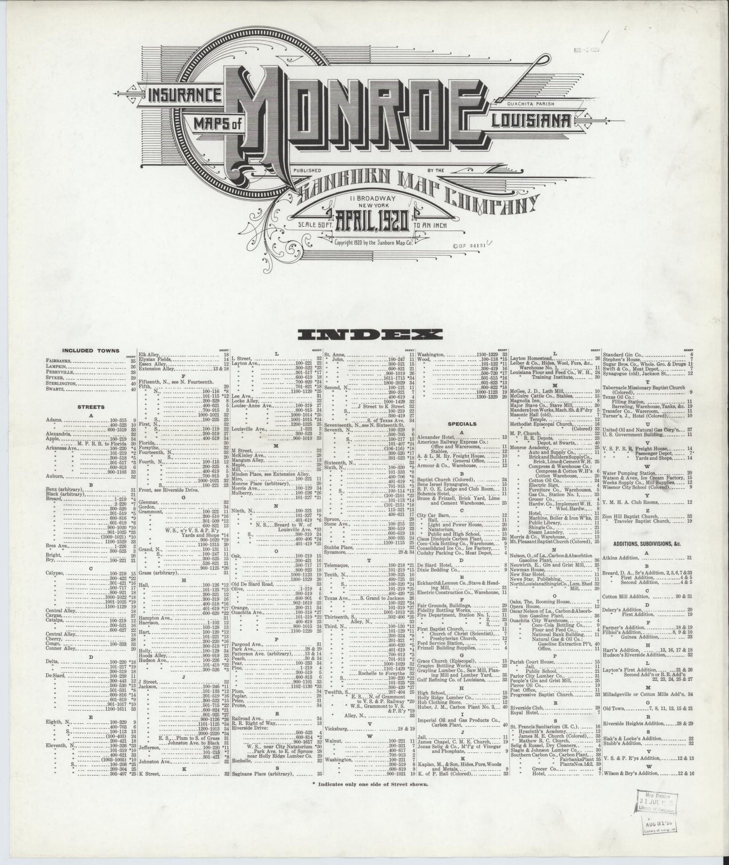 Sanborn Fire Insurance Map from Monroe, Ouachita Parish, Louisiana. (1920) – Historic Sanborn Fire Insurance Map Print