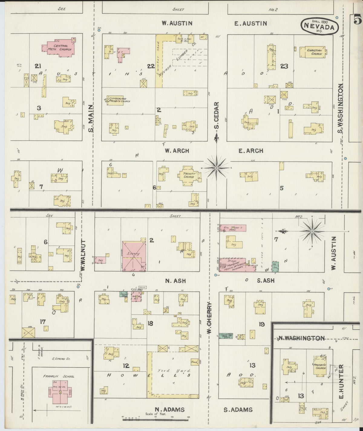 Sanborn Fire Insurance Map from Nevada, Vernon County, Missouri (1890), Sheet #0005 - Historic Sanborn Fire Insurance Map Print, vintage old map wall art, antique decor, genealogy gift, Nevada Nevada map