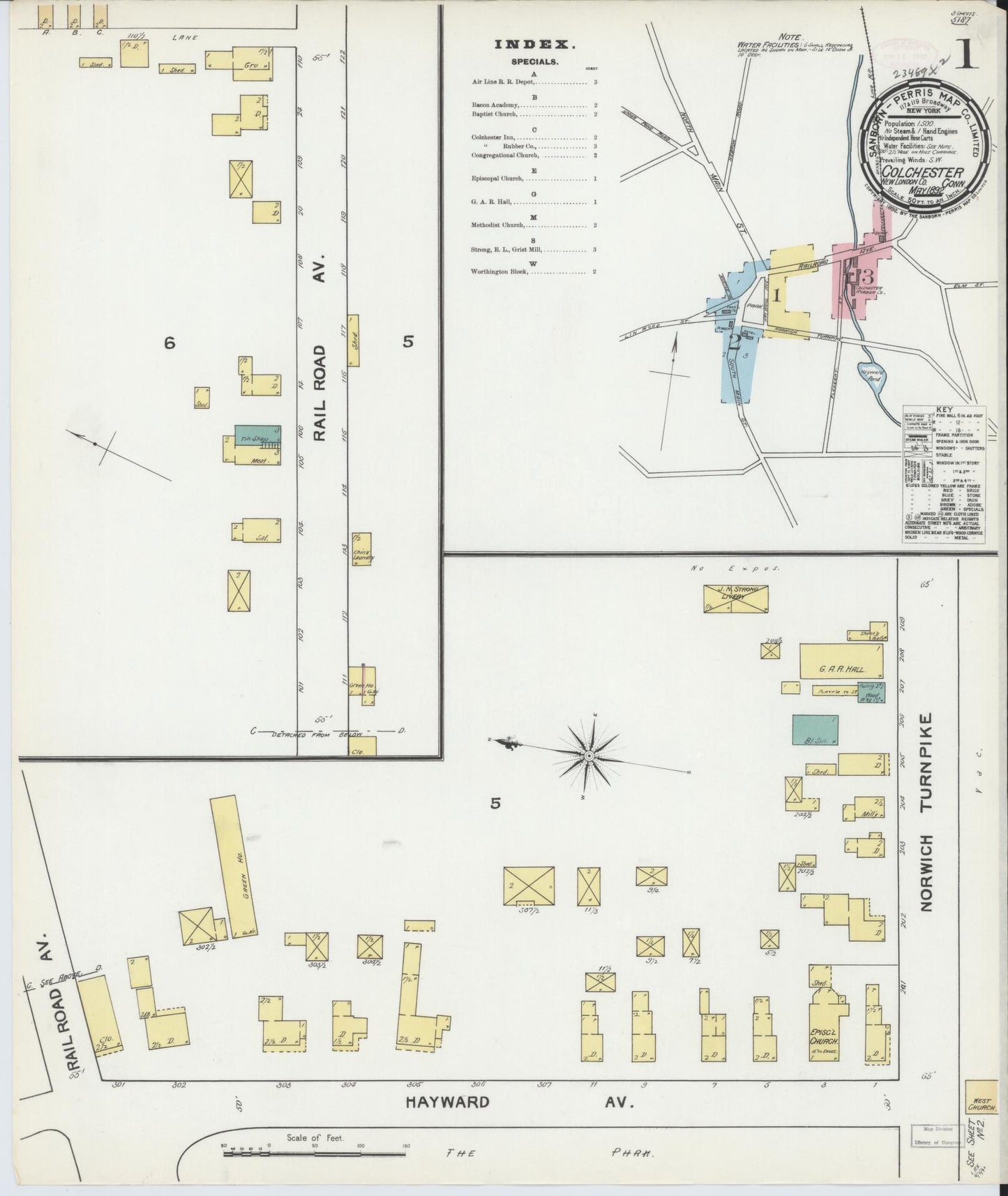 Sanborn Fire Insurance Map from Colchester, New London County, Connecticut (1892), Sheet #0001 - Historic Sanborn Fire Insurance Map Print, vintage old map wall art, antique decor, genealogy gift, Connecticut Connecticut map