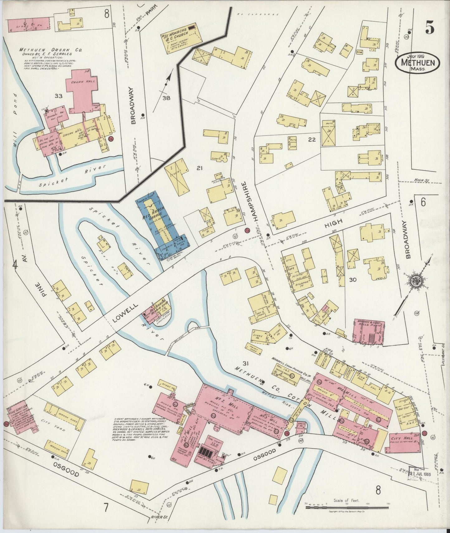 Sanborn Fire Insurance Map from Methuen, Essex County, Massachusetts (1919), Sheet #0005 - Historic Sanborn Fire Insurance Map Print, vintage old map wall art, antique decor, genealogy gift, Massachusetts Massachusetts map